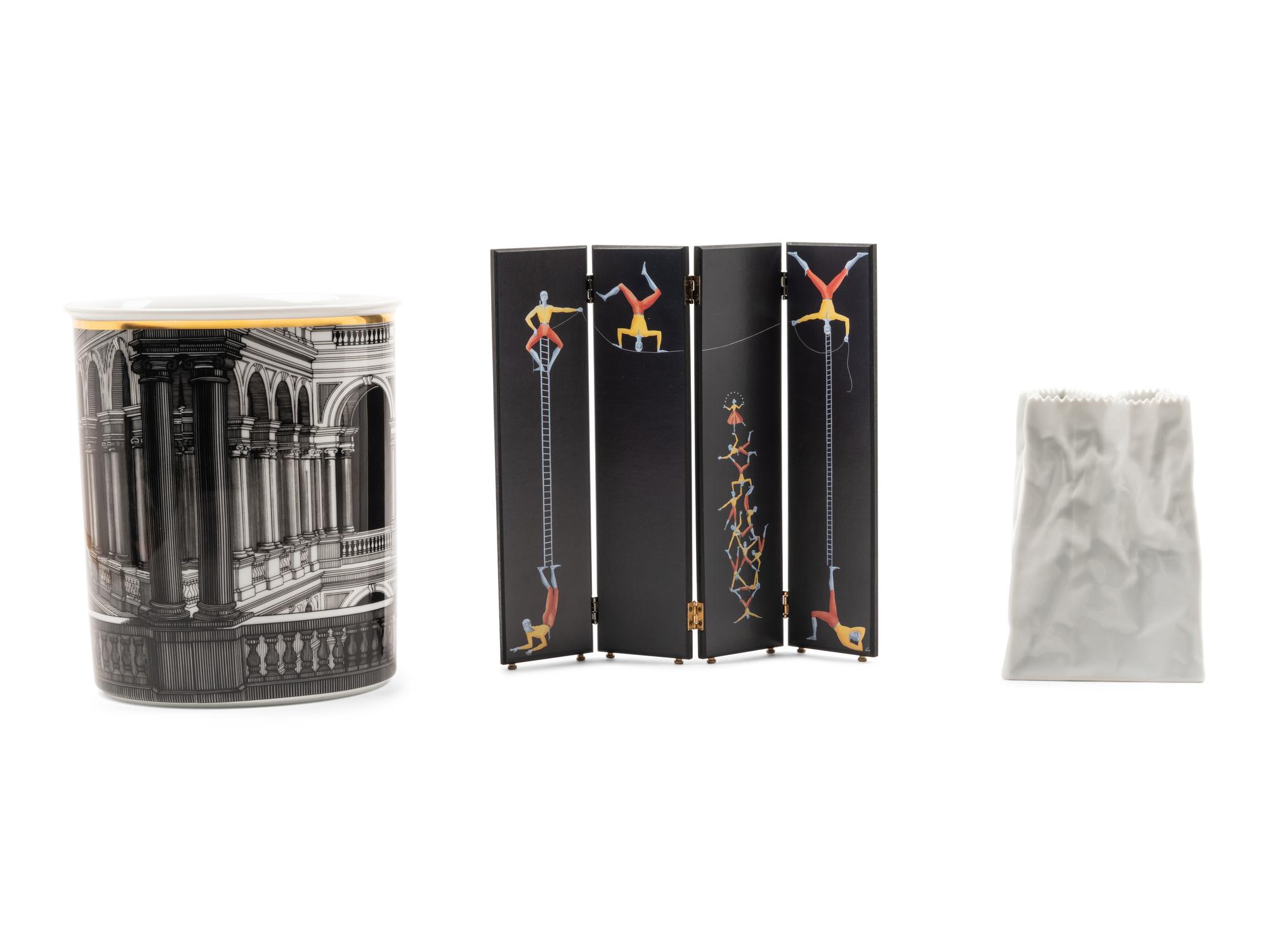 A Miniature 'Acrobats' Screen and Waste Bin, together with a Rosenthal paper bag
