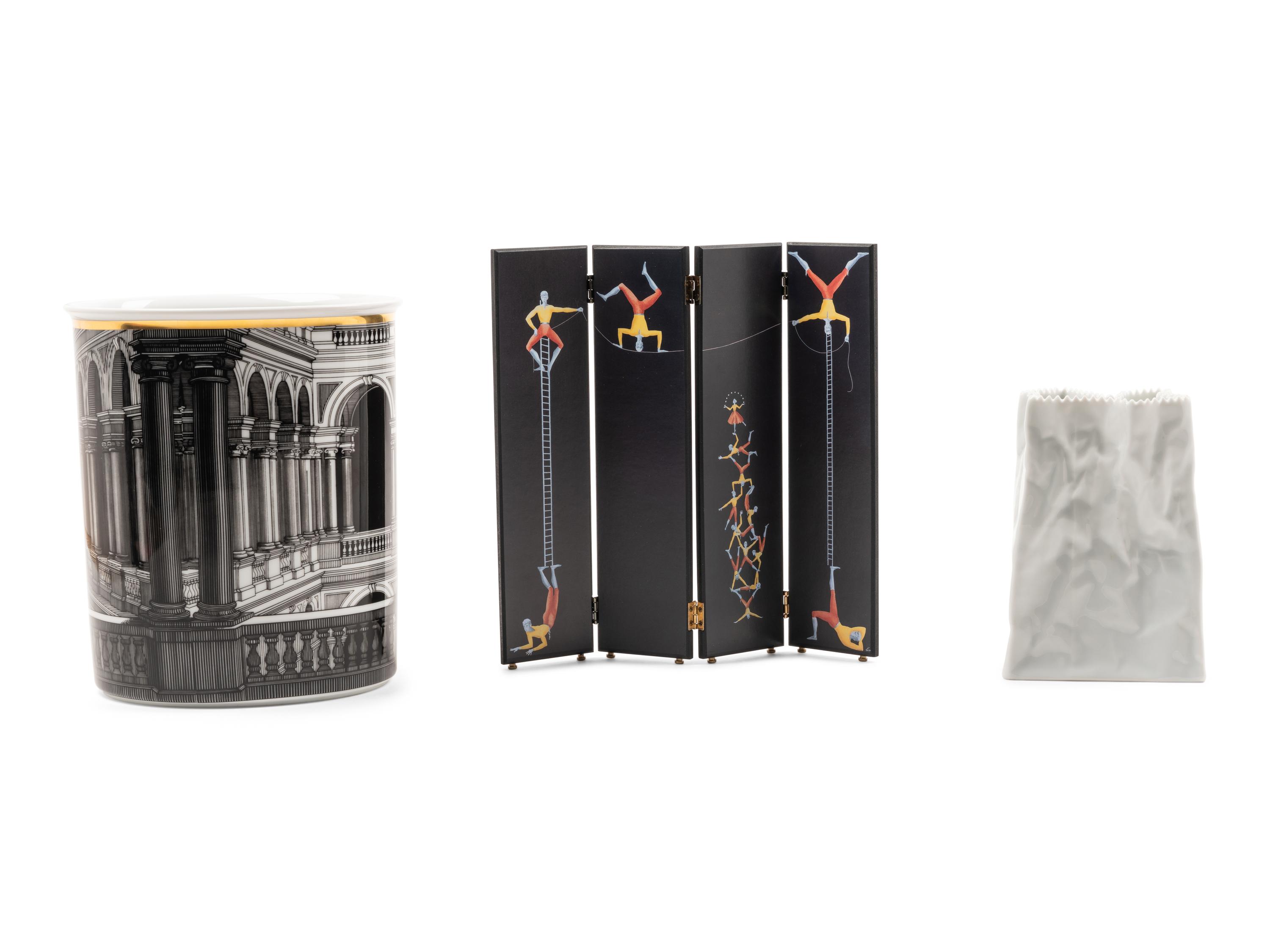 A Miniature 'Acrobats' Screen and Waste Bin, together with a Rosenthal paper bag