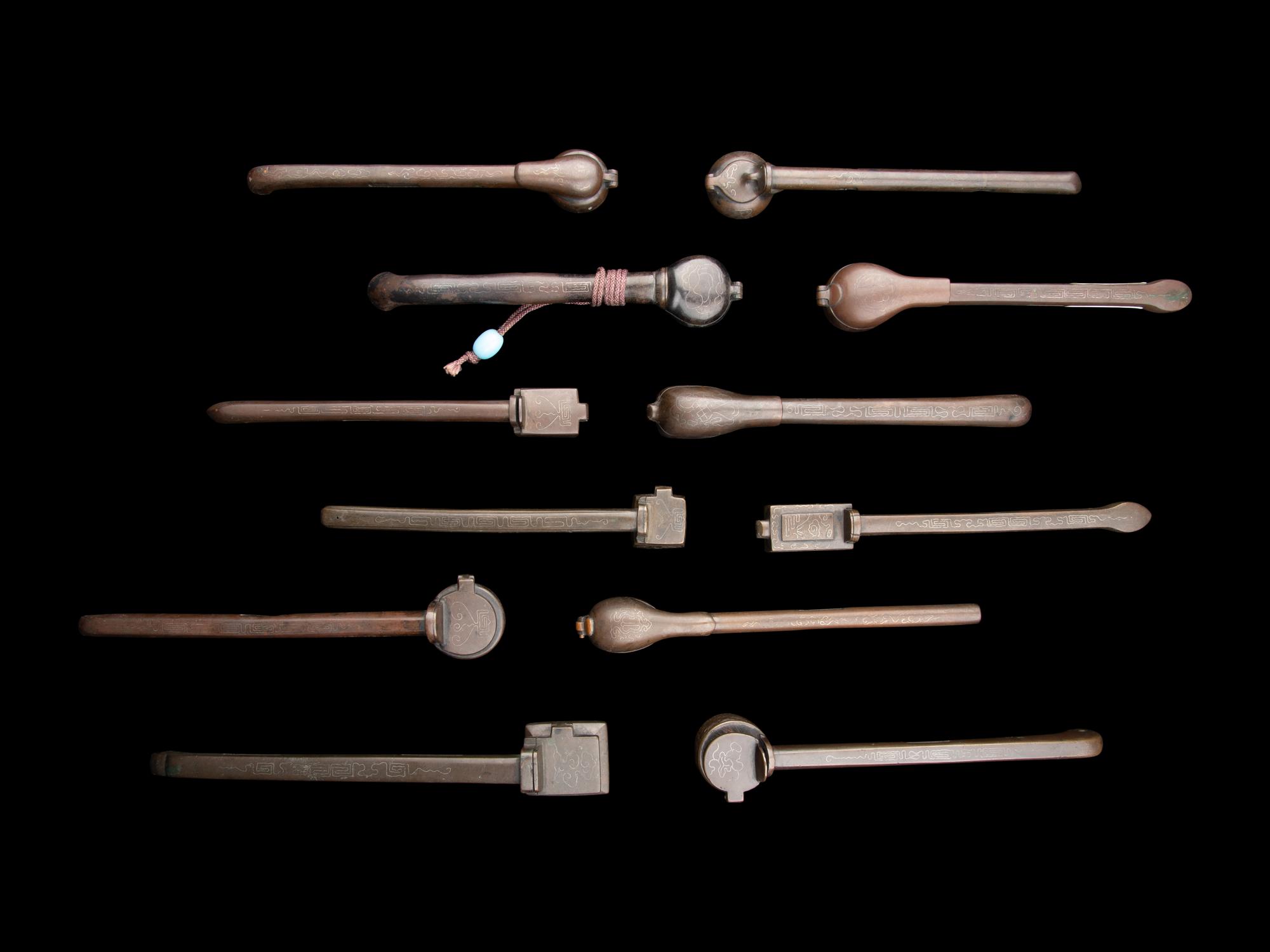 12 Japanese Silver Inlaid Bronze Portable Writing Sets, Yatate