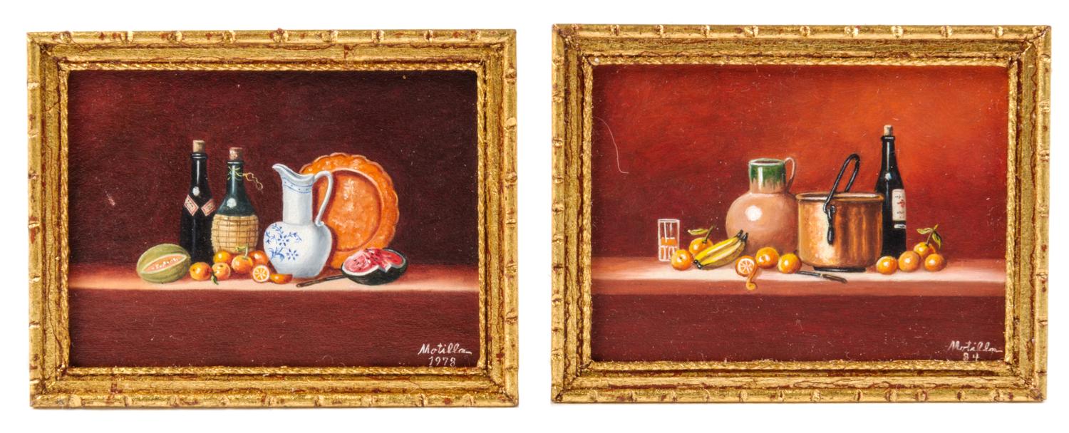Motilla, (20th Century), Still Life with Wine Bottles and Fruit and Still Life with Wine Bottle, Pitcher and Fruit (two works)