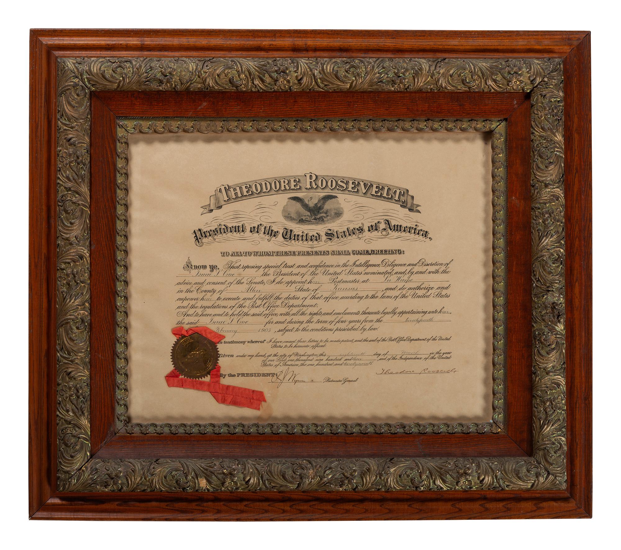 ROOSEVELT, Theodore (1858-1919). Partly-printed commission signed ("Theodore Roosevelt"). Washington, D.C., 18 March 1903.