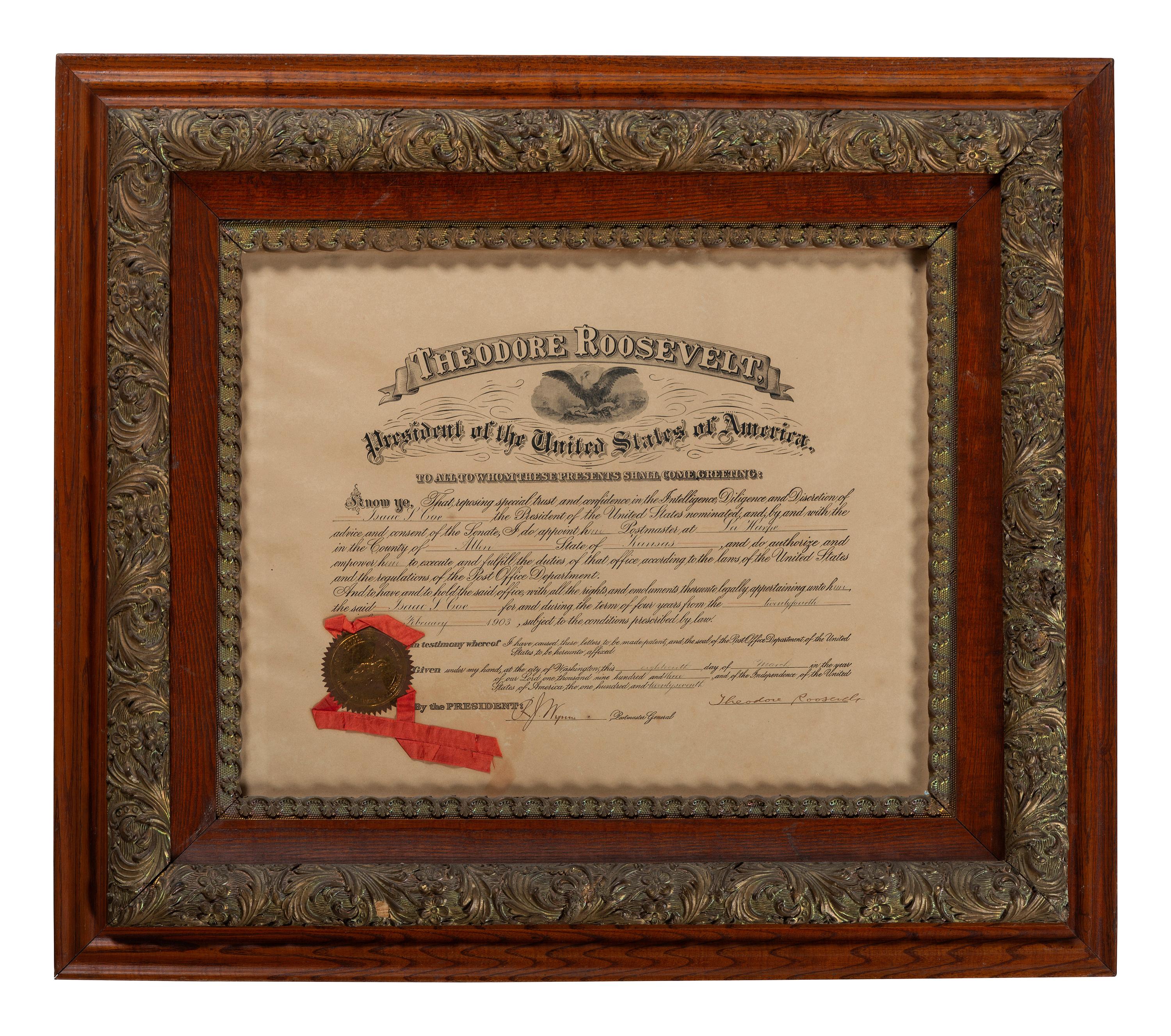 ROOSEVELT, Theodore (1858-1919). Partly-printed commission signed ("Theodore Roosevelt"). Washington, D.C., 18 March 1903.