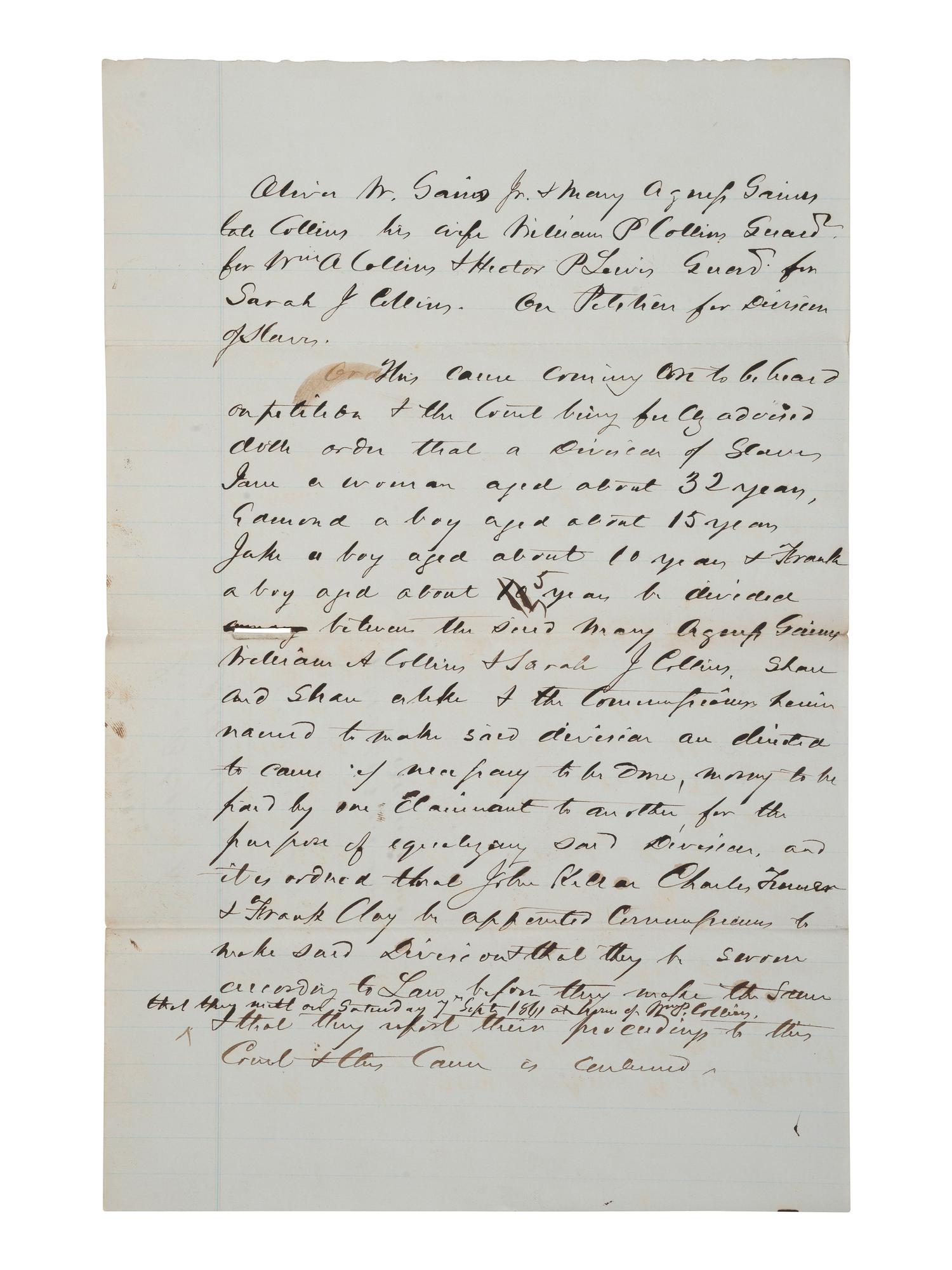 [ENSLAVEMENT & ABOLITION]. A group of 6 estate documents listing individual enslaved persons, most by name. [Bourbon County, KY]. 1831-1861.