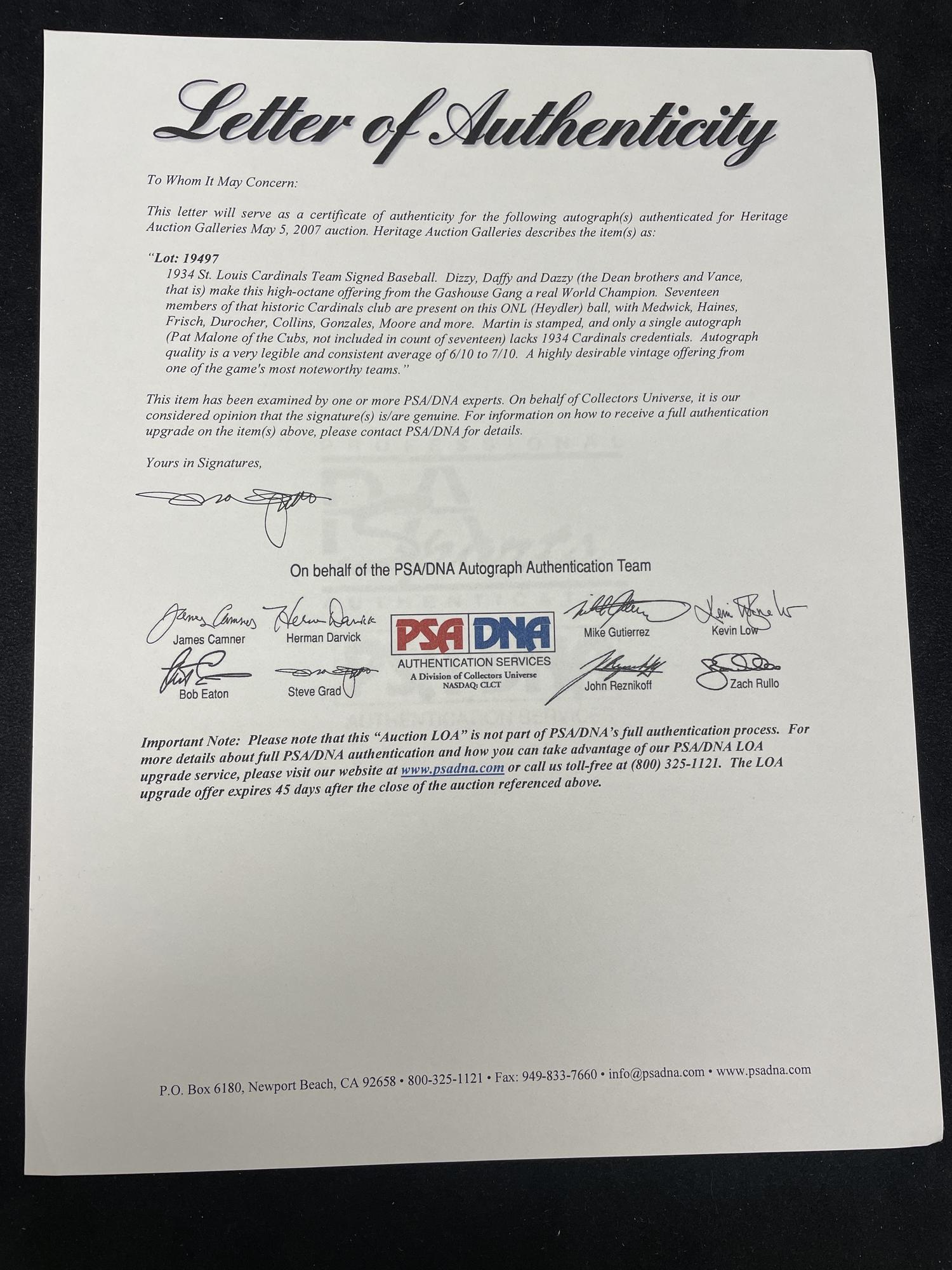 A 1934 St. Louis Cardinals Gashouse Gang Team Signed Autograph Baseball (PSA, JSA Auction Letters),