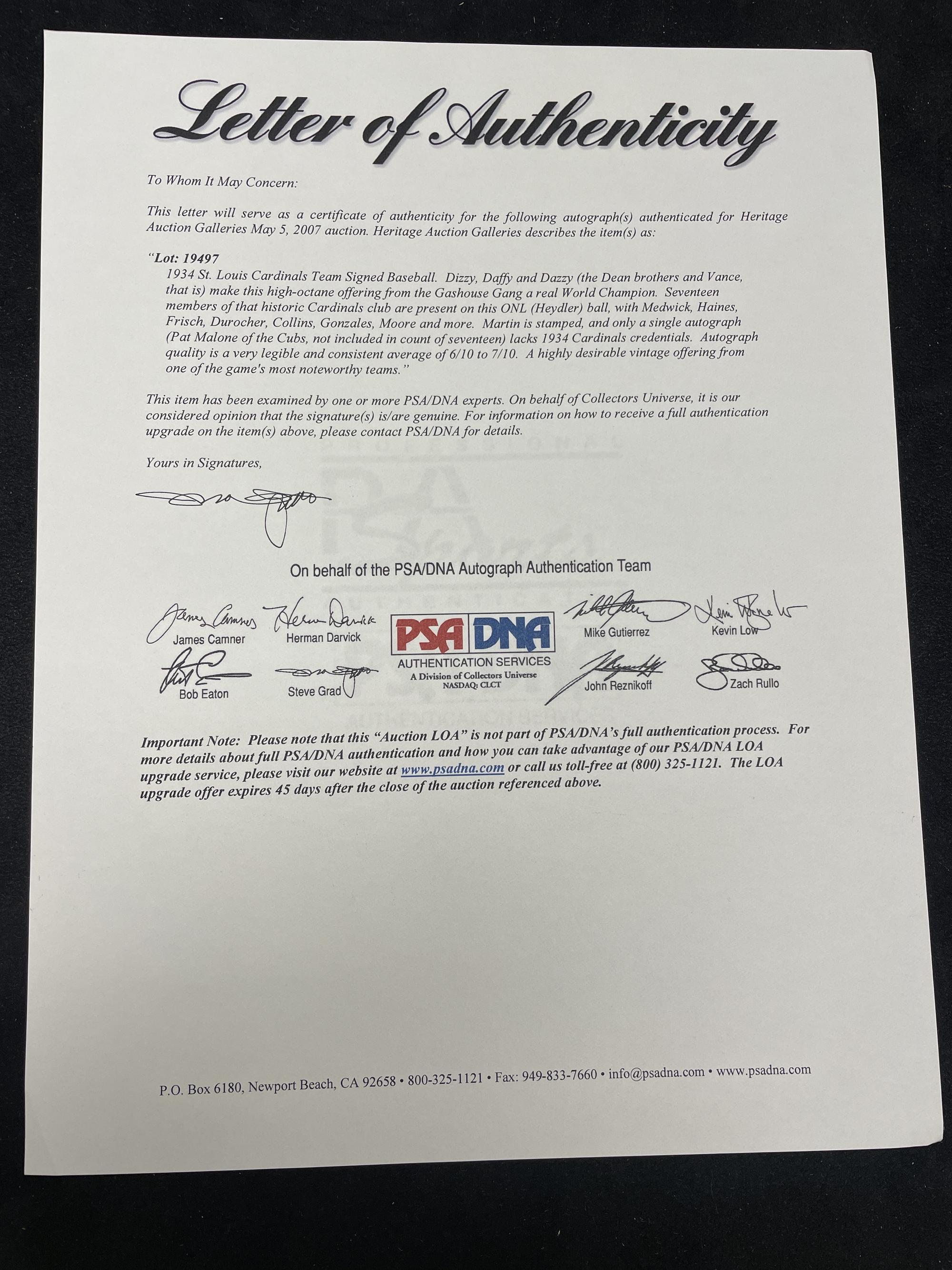 A 1934 St. Louis Cardinals Gashouse Gang Team Signed Autograph Baseball (PSA, JSA Auction Letters),