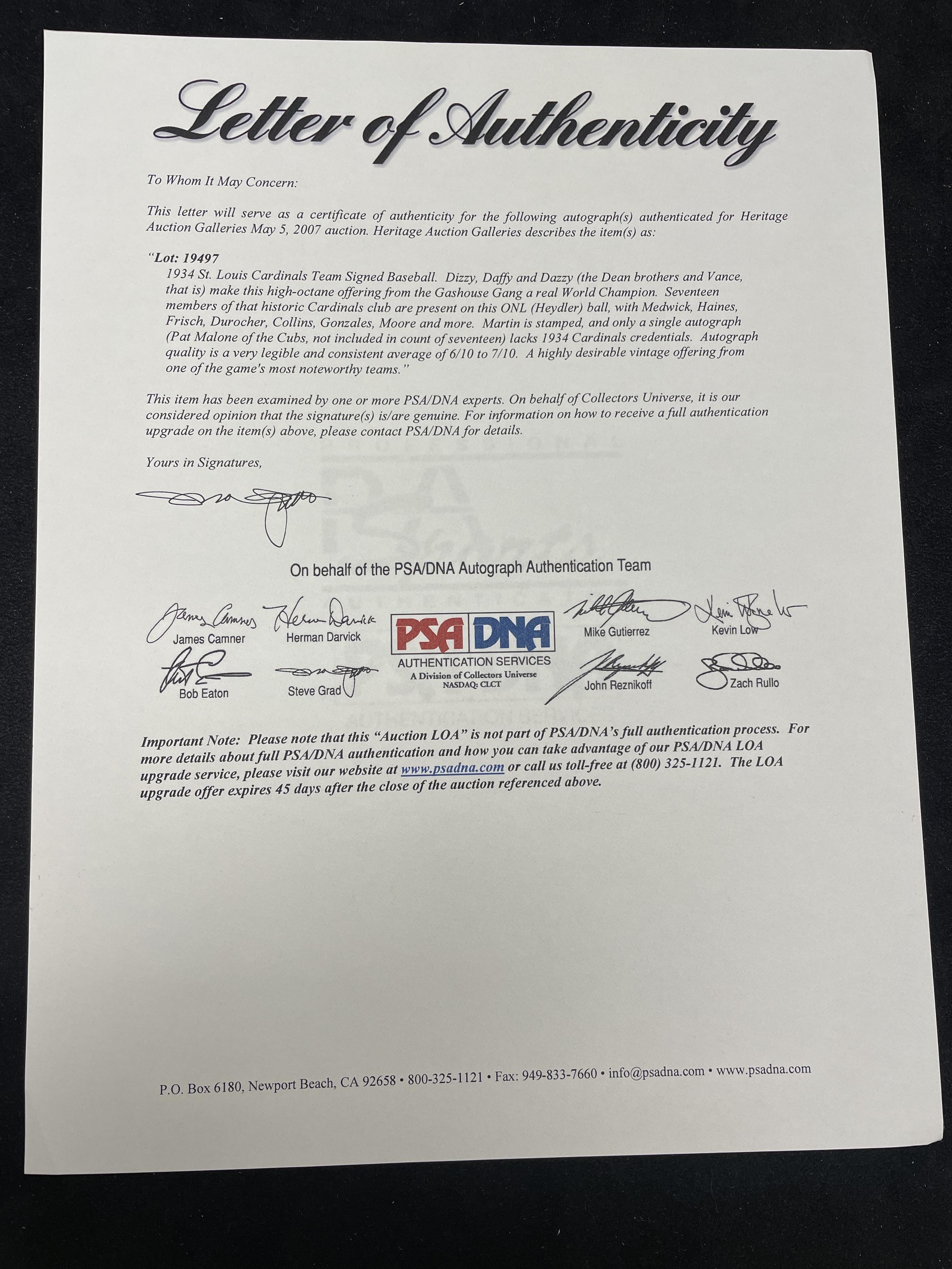 A 1934 St. Louis Cardinals Gashouse Gang Team Signed Autograph Baseball (PSA, JSA Auction Letters),