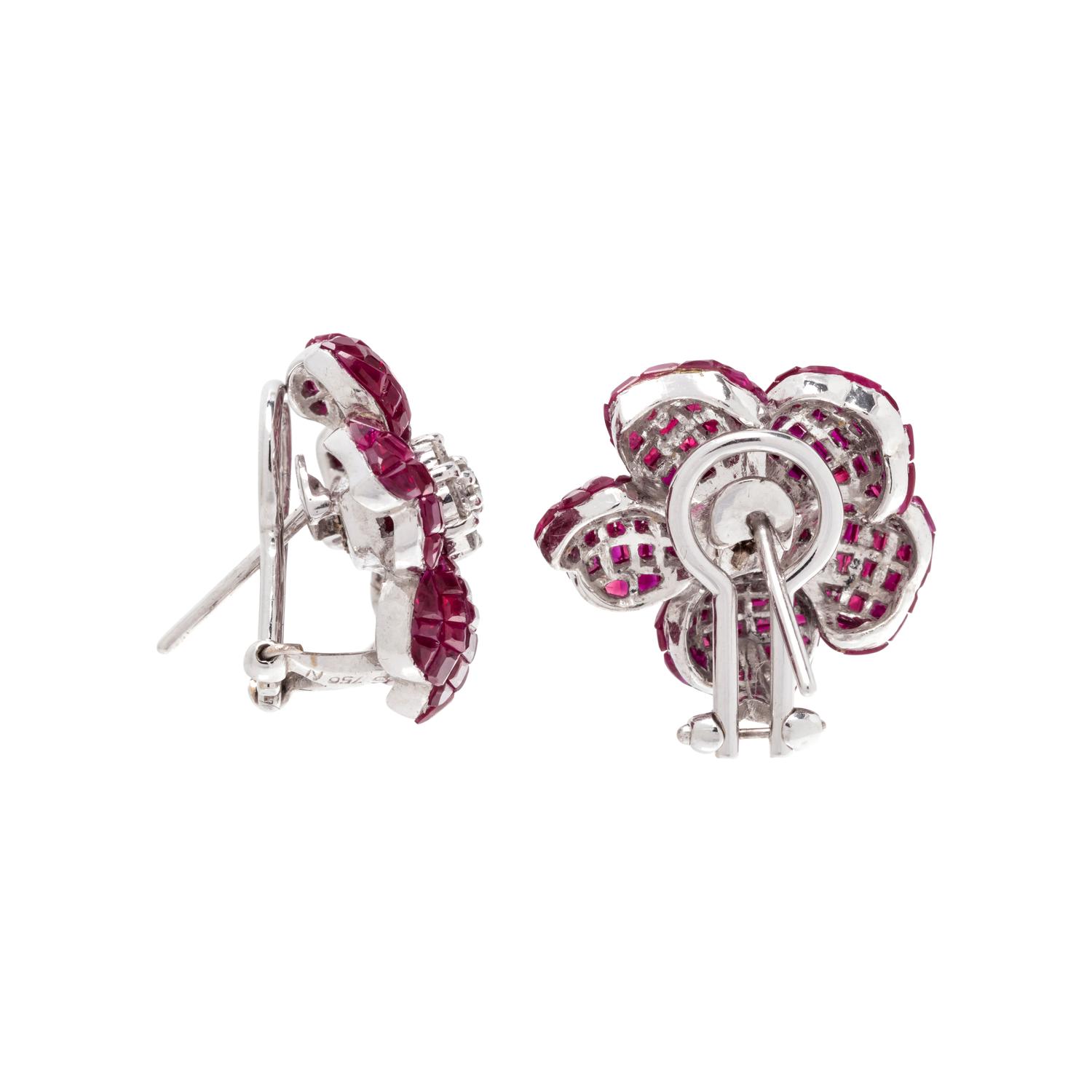 RUBY AND DIAMOND FLOWER EARCLIPS