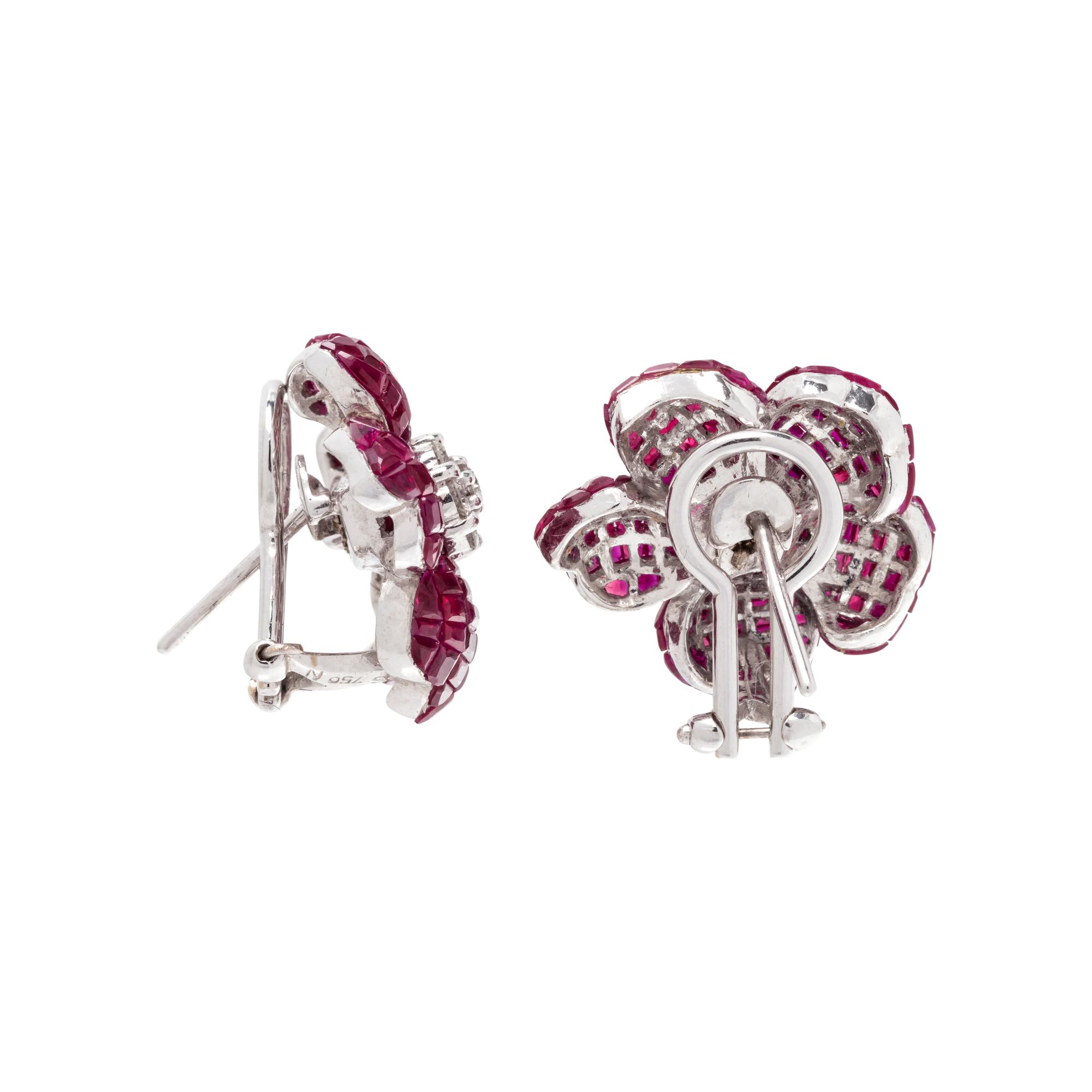 RUBY AND DIAMOND FLOWER EARCLIPS