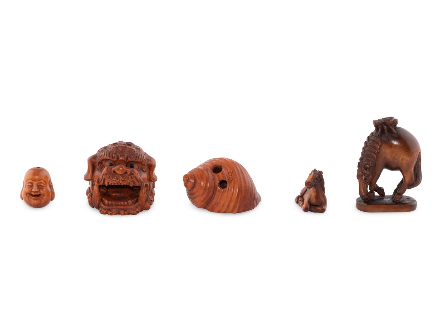 Three Japanese Boxwood Netsuke and Two Ojime, 19th Century