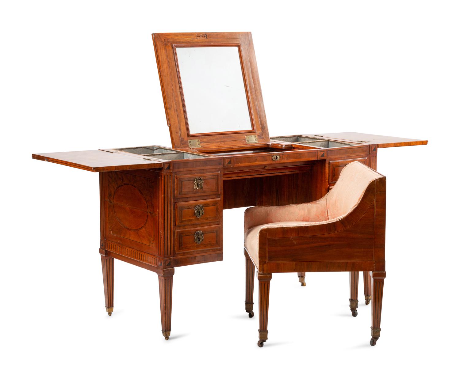 An Italian Walnut and Marquetry Mechanical Dressing Table with an Integrated Chair