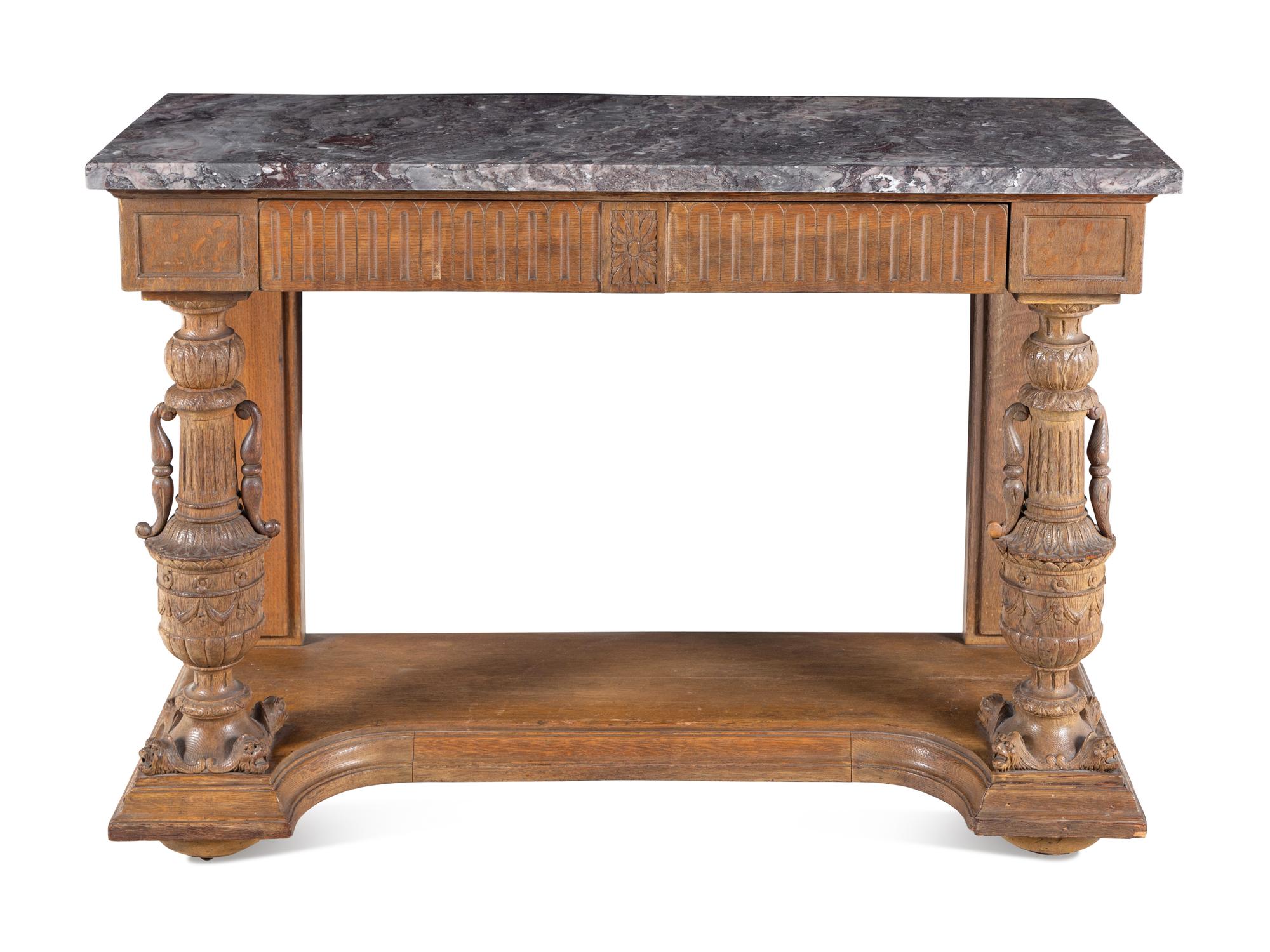 A Belgian Carved Oak Marble-Top Pier Table