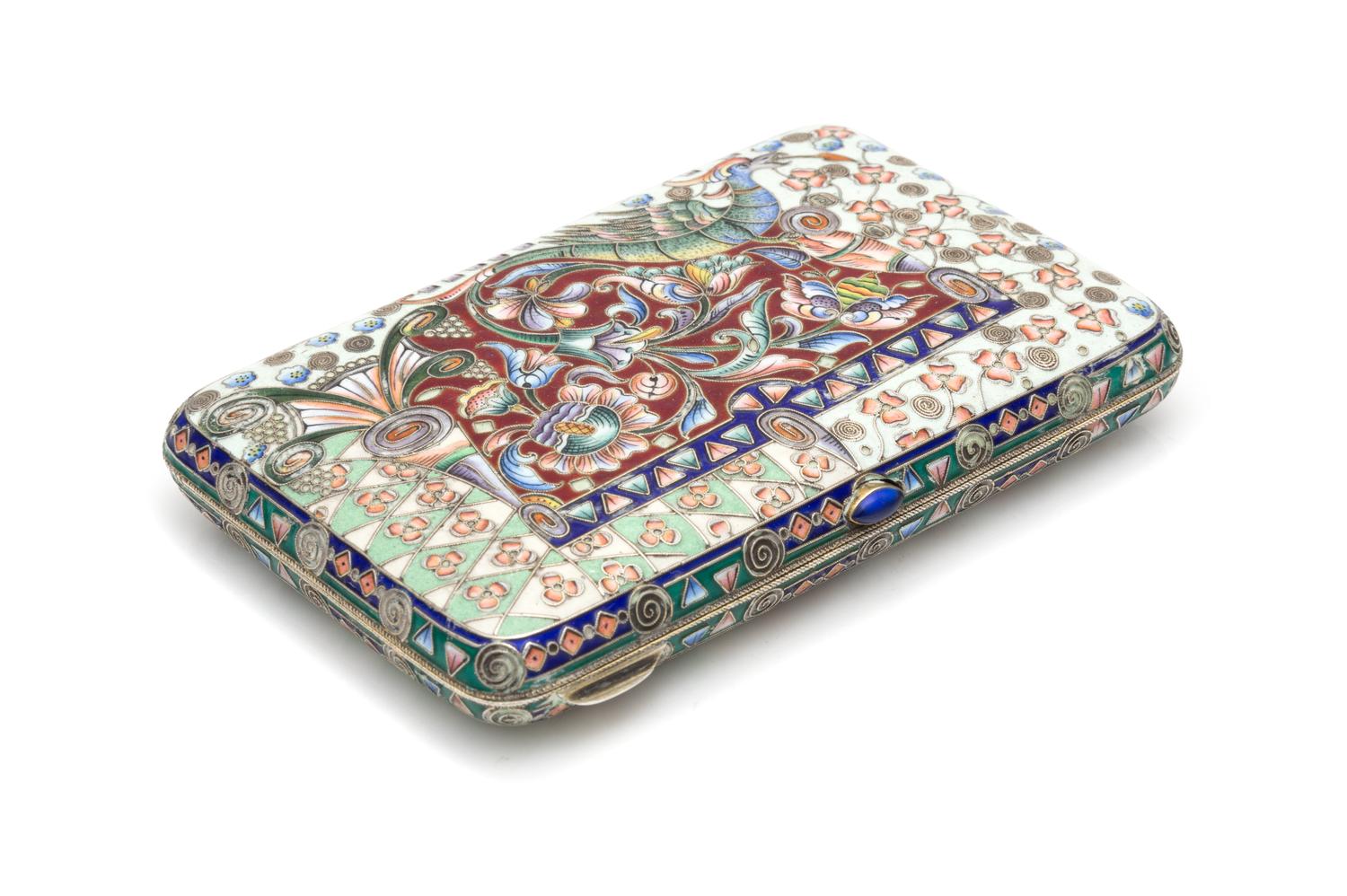 A Russian Enameled Silver Cigarette Case, Mark of the 20th Artel, Moscow, Early 20th Century, the case worked to show polychrome floral