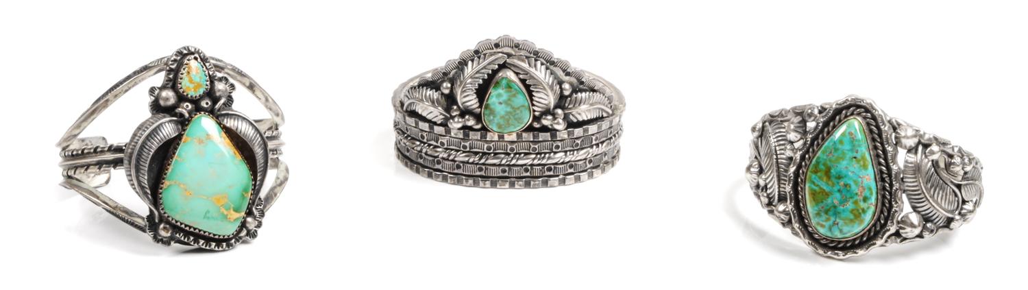 Three Southwestern Silver and Turquoise Cuff Bracelets Length of one 5 1/4 x opening 1 1/4 x width 1 3/4 inches