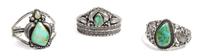Three Southwestern Silver and Turquoise Cuff Bracelets Length of one 5 1/4 x opening 1 1/4 x width 1 3/4 inches