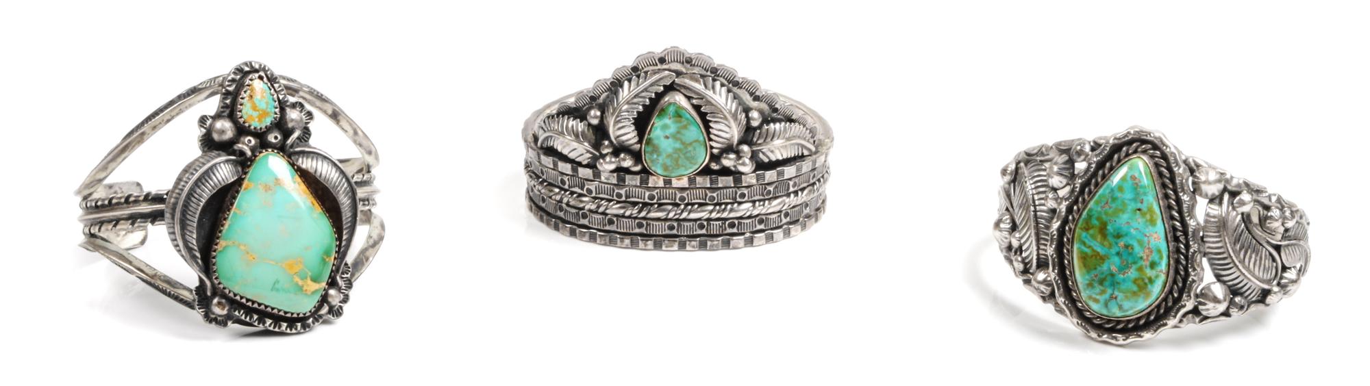 Three Southwestern Silver and Turquoise Cuff Bracelets Length of one 5 1/4 x opening 1 1/4 x width 1 3/4 inches