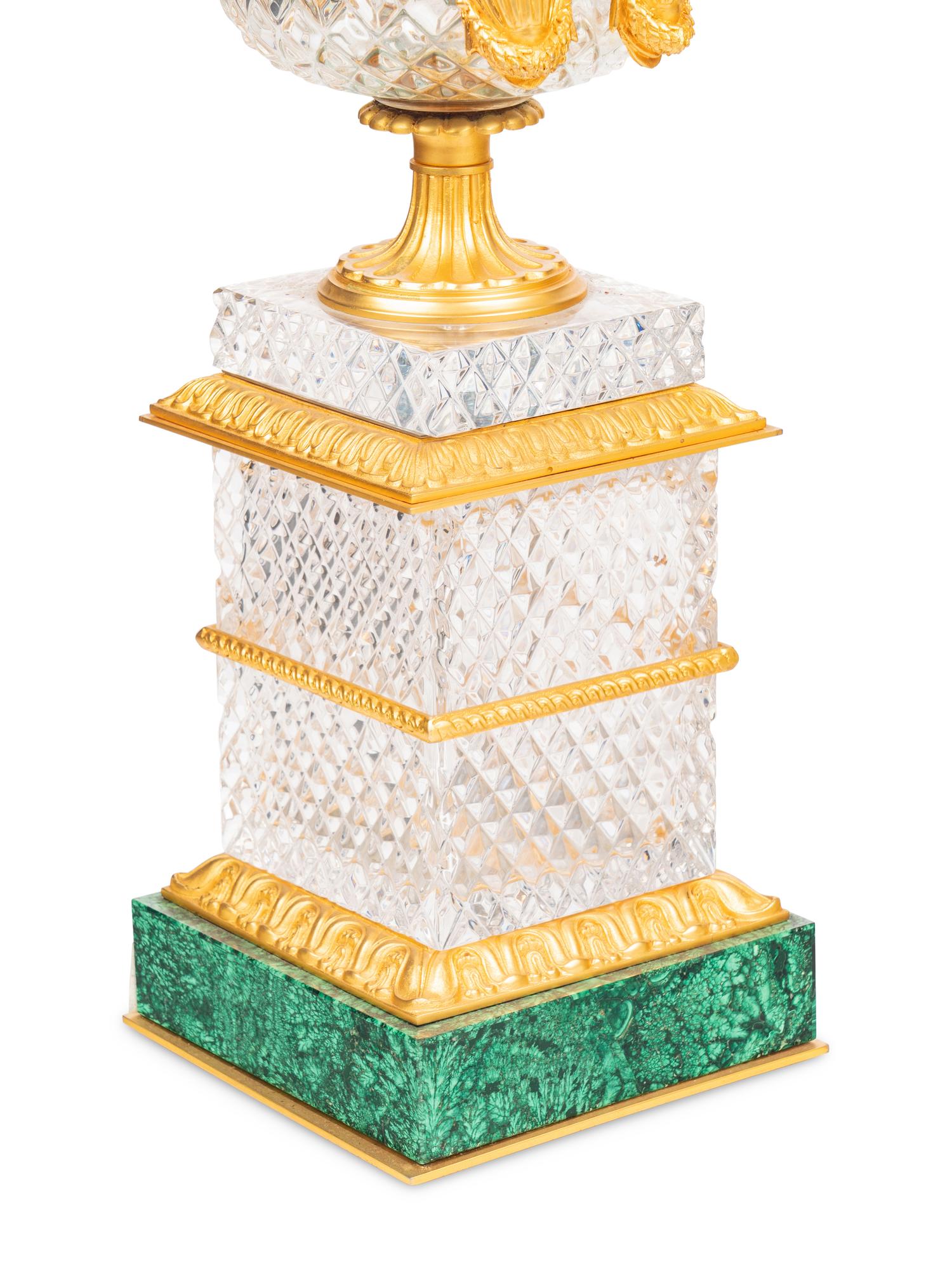 A Pair of French Gilt Bronze Mounted Cut Glass and Malachite Vases