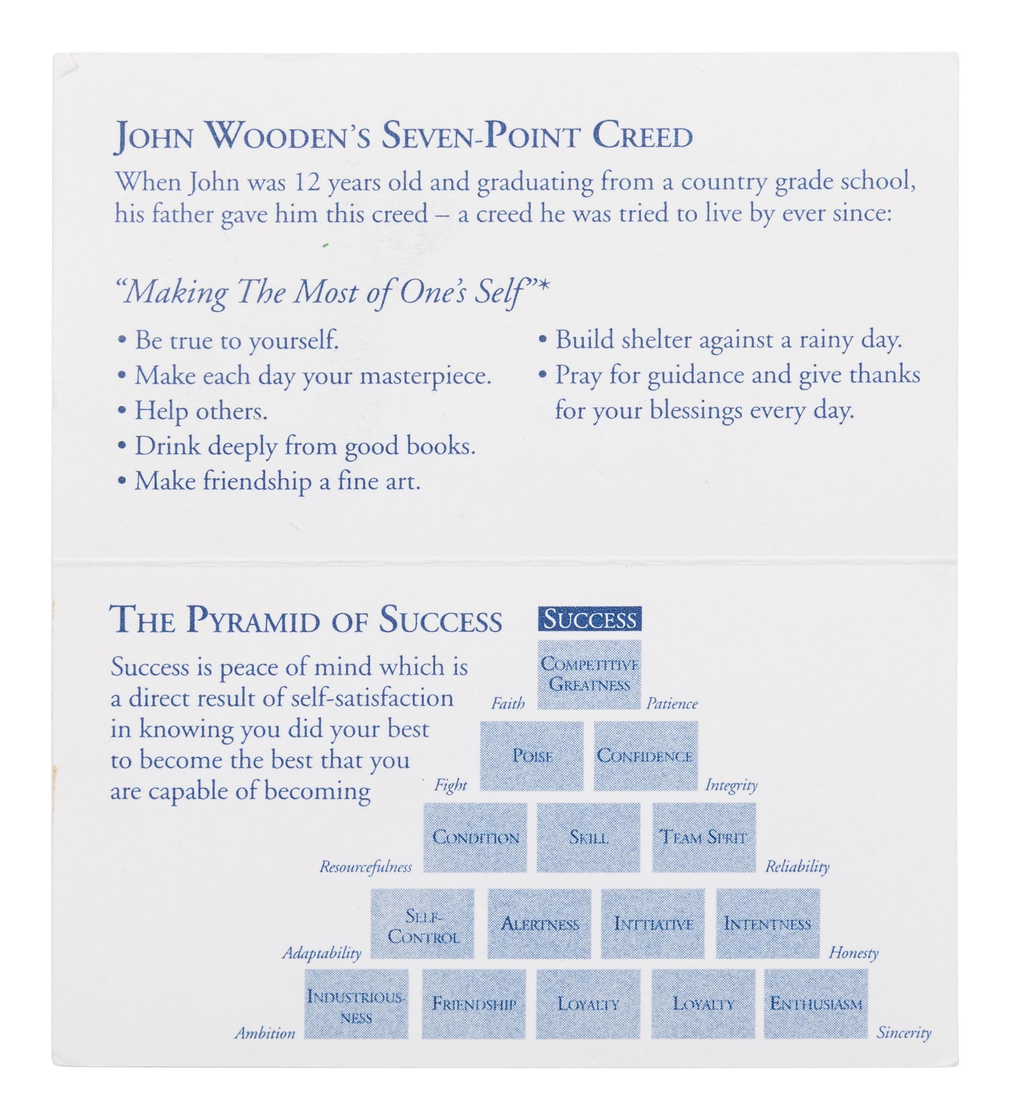 A John Wooden UCLA Signed Autograph Floorboard and Pyramid of Success Card (PSA Letter),