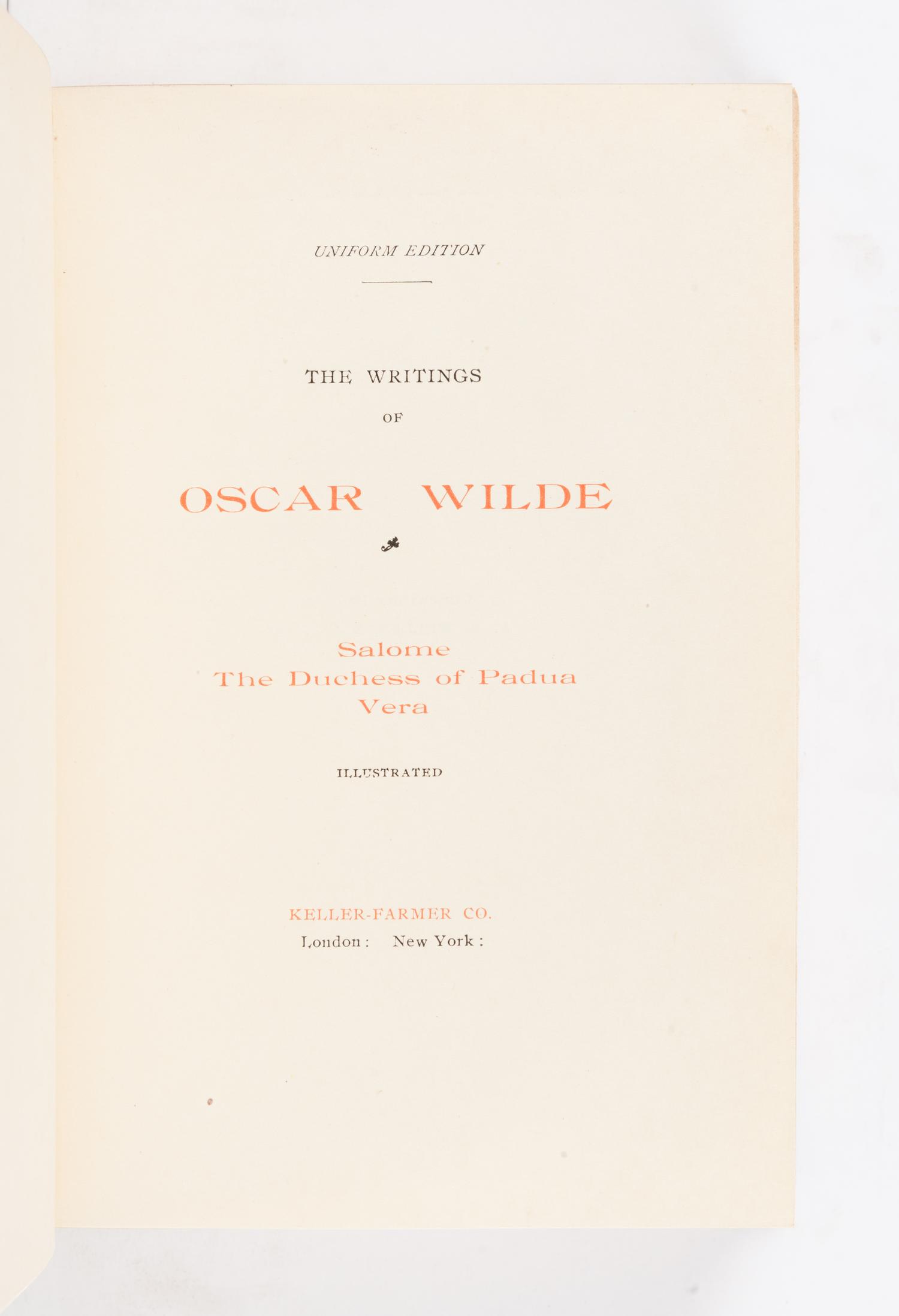 [BINDINGS]. WILDE, Oscar (1854-1900). Writings . London and New York: Keller-Farmer Co., 1907.