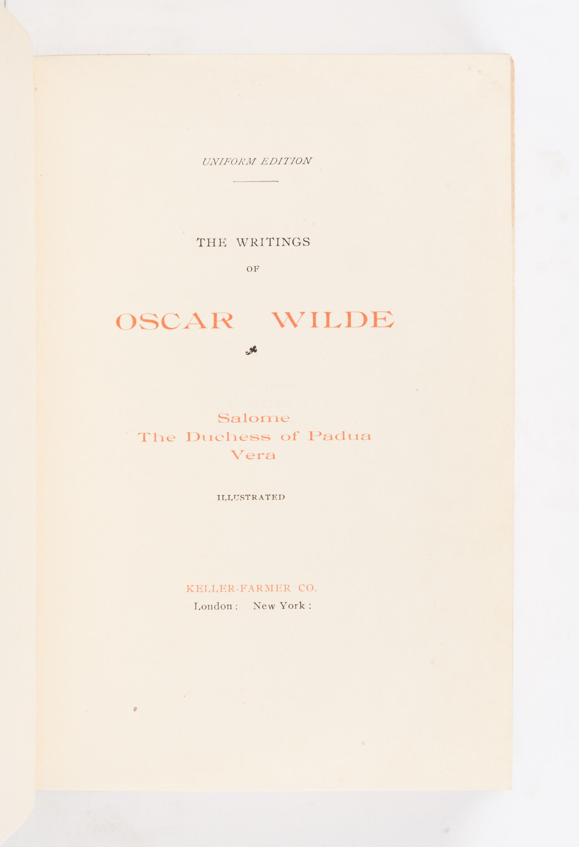 [BINDINGS]. WILDE, Oscar (1854-1900). Writings . London and New York: Keller-Farmer Co., 1907.