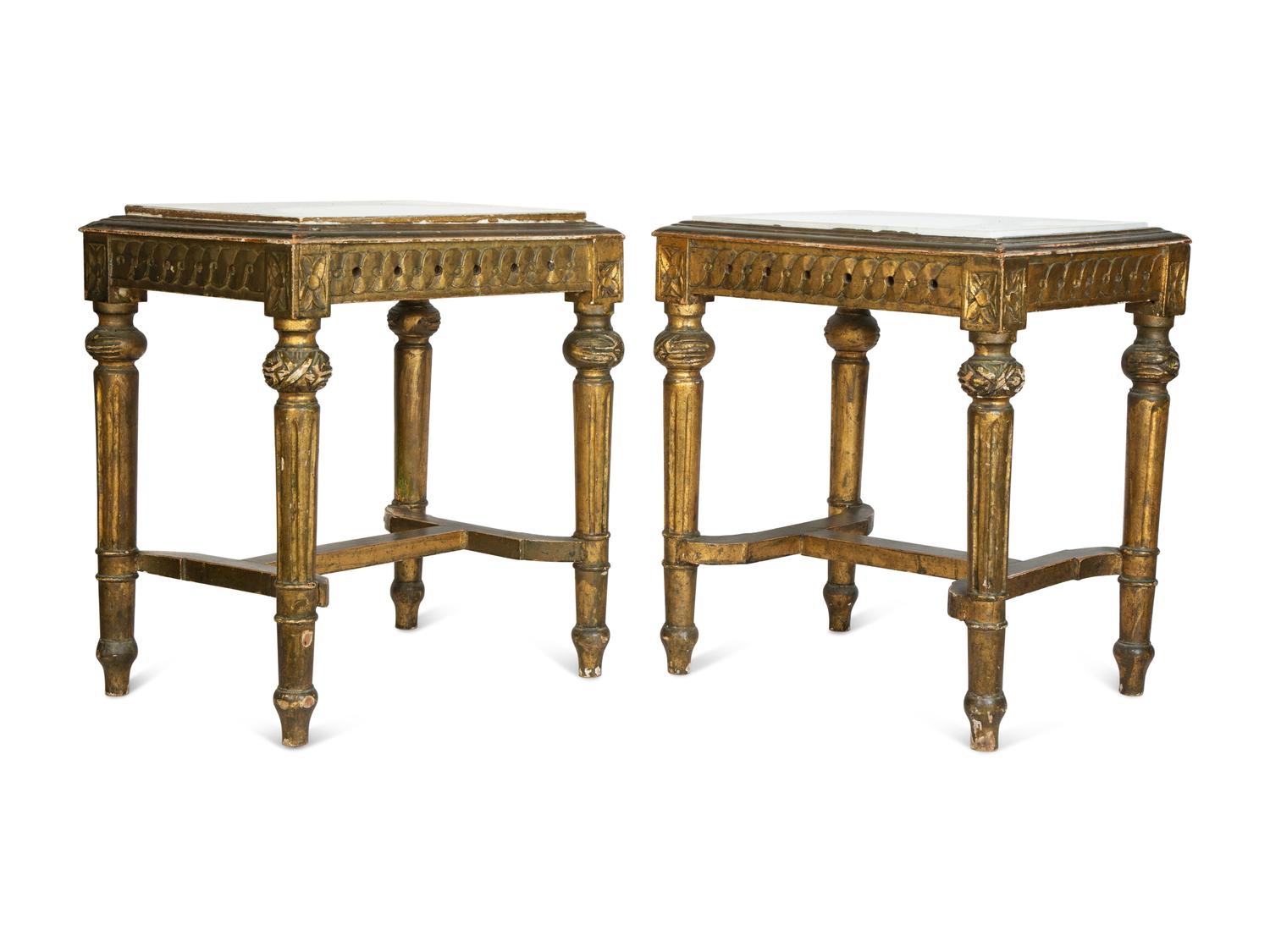 A Pair of Louis XVI Style Giltwood Marble-Top Low Tables