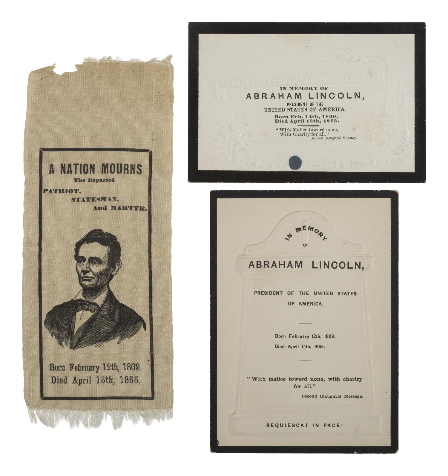[LINCOLN FUNERAL]. A group of 3 items mourning the loss of Lincoln, incl. silk ribbon and printed cards.