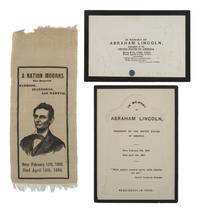 [LINCOLN FUNERAL]. A group of 3 items mourning the loss of Lincoln, incl. silk ribbon and printed cards.