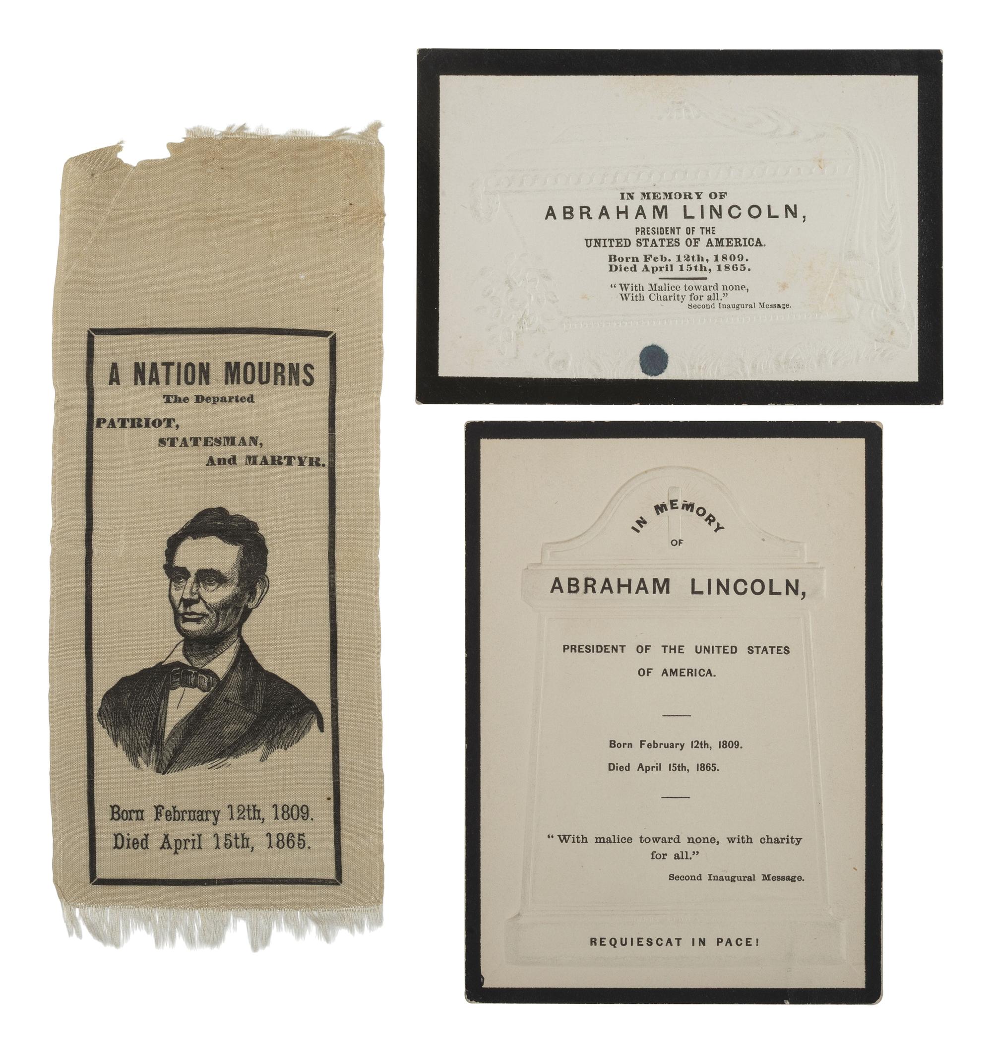 [LINCOLN FUNERAL]. A group of 3 items mourning the loss of Lincoln, incl. silk ribbon and printed cards.