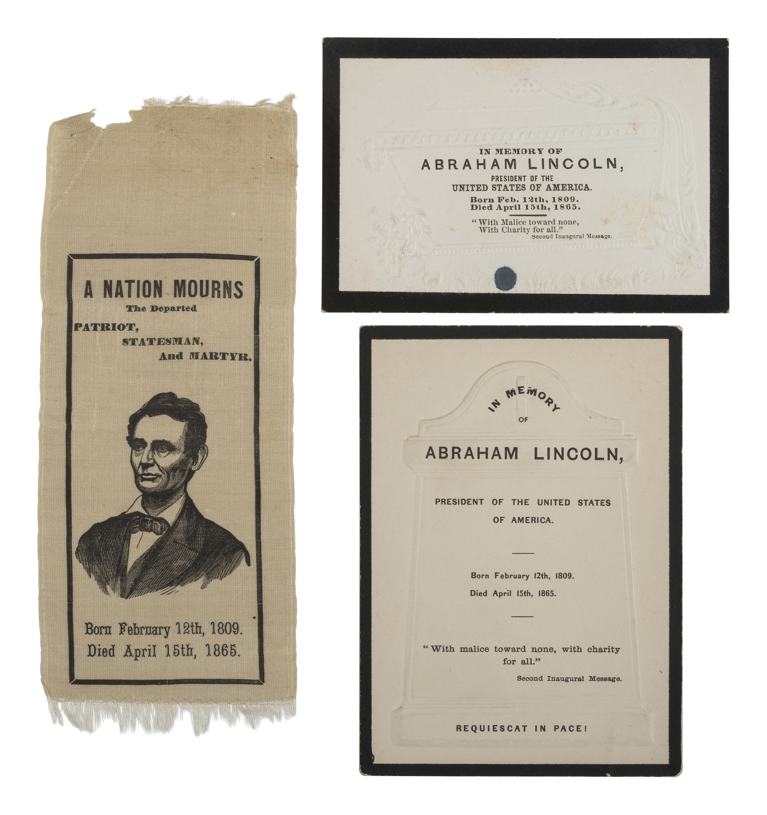 [LINCOLN FUNERAL]. A group of 3 items mourning the loss of Lincoln, incl. silk ribbon and printed cards.