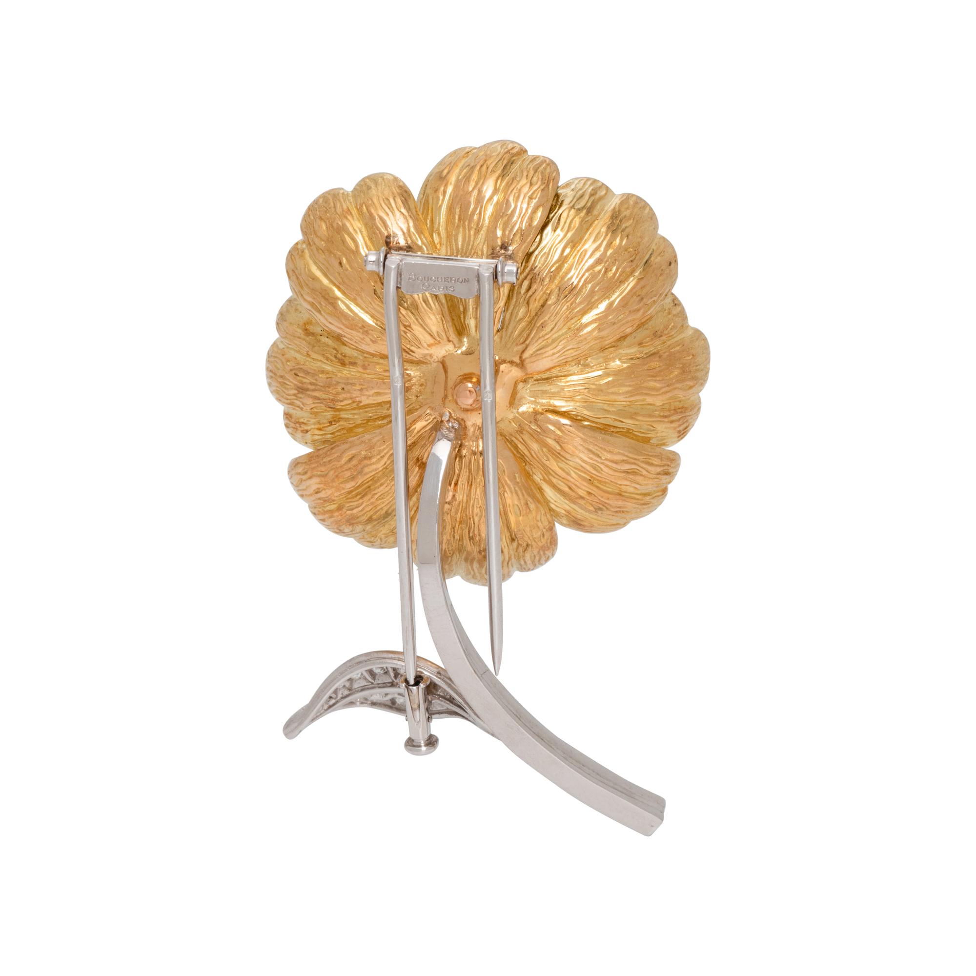 BOUCHERON, BICOLOR GOLD, RUBY AND DIAMOND FLOWER BROOCH