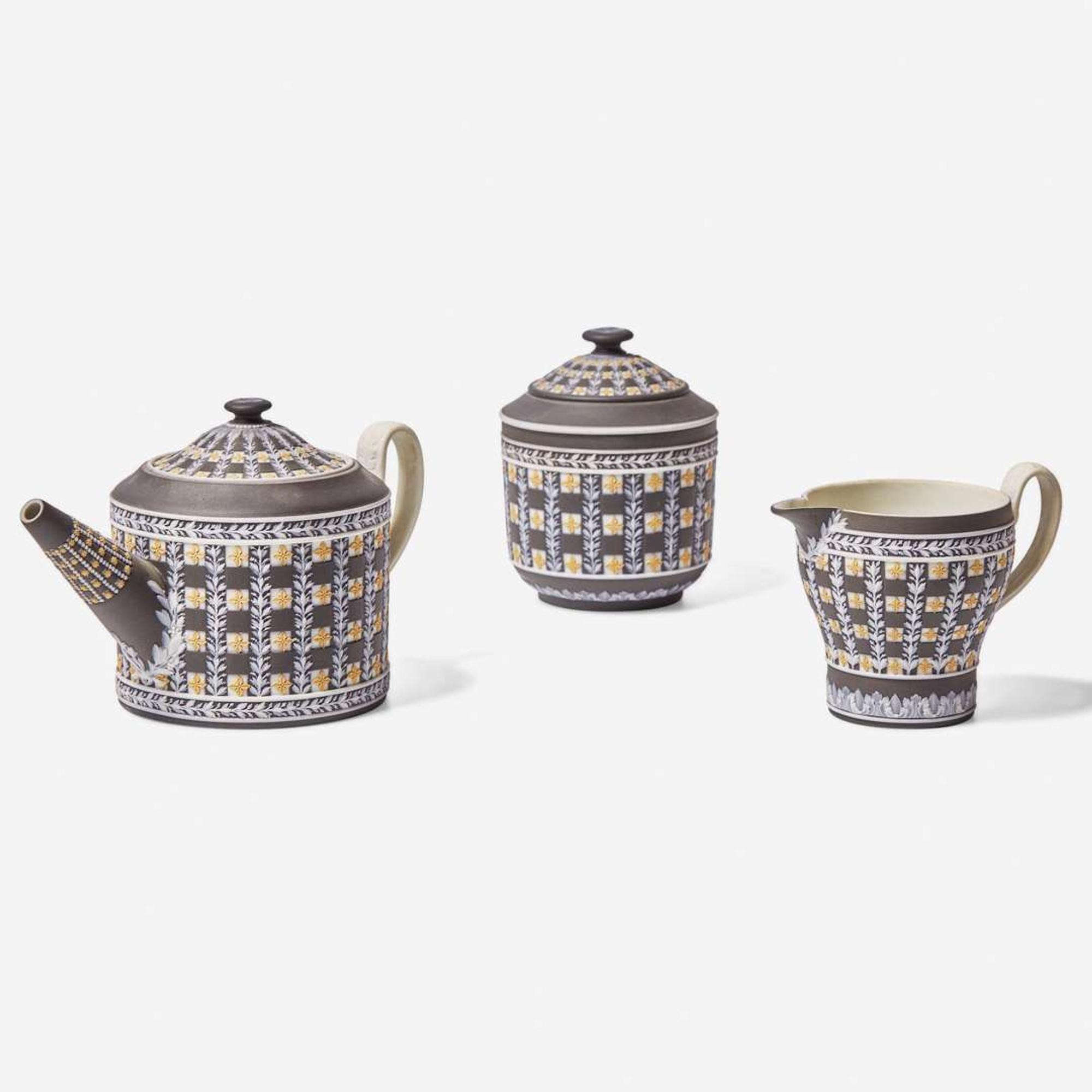 A Three-Piece Wedgwood Three Color Diceware Jasperware Tea Set UK, 19th century
