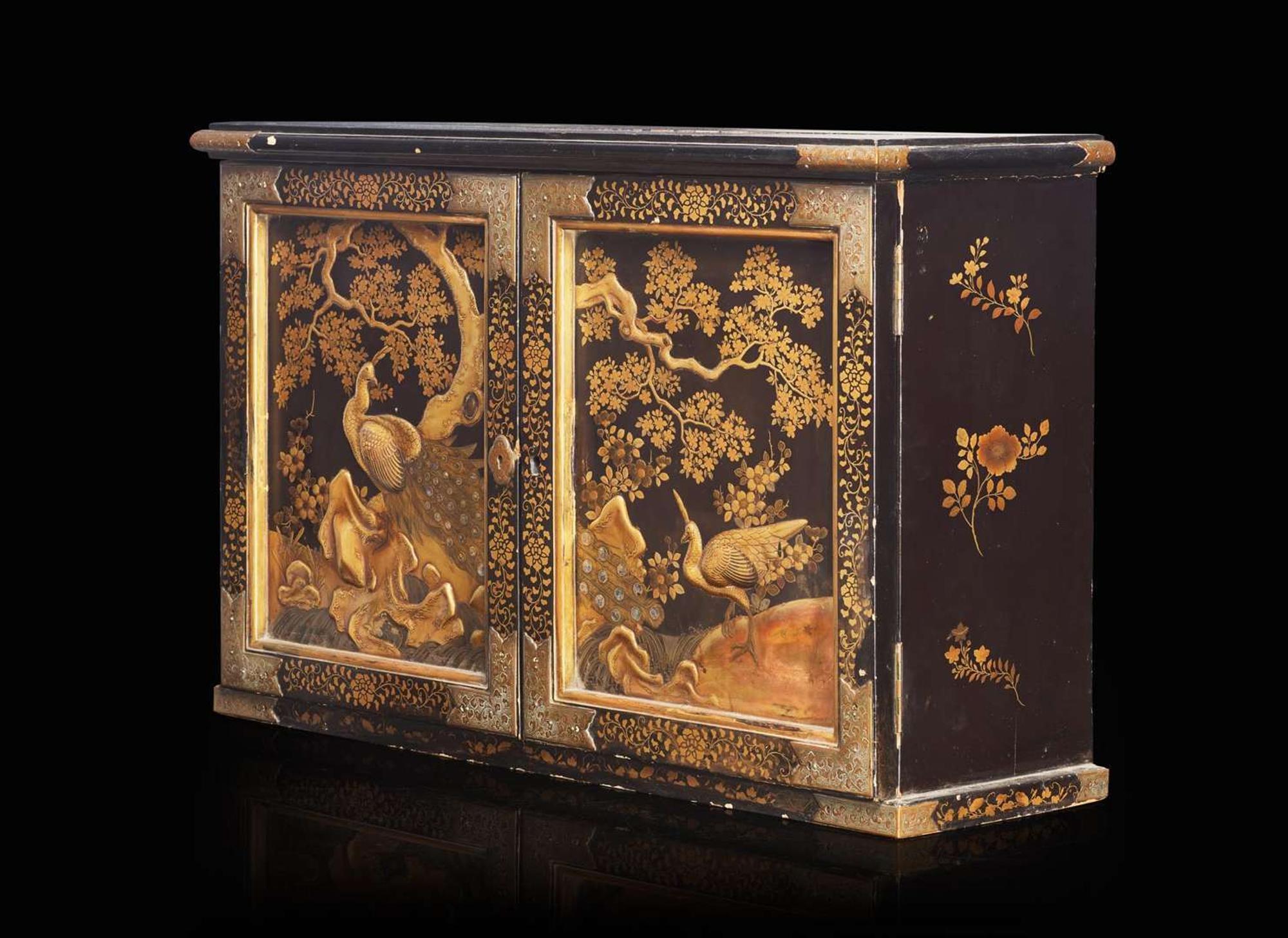 A Japanese black and gold lacquer two-door "Peacocks" cabinet, 18th/19th century 日本雙門漆箱 十八或十九世紀