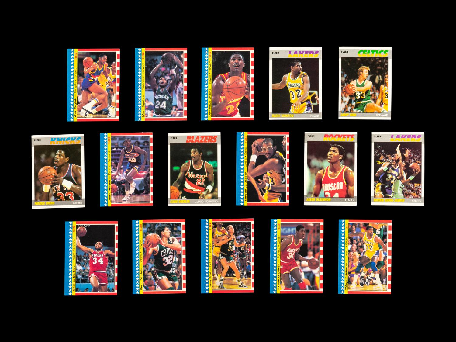 A Group of 16 1987 Fleer Basketball Cards and Stickers Including Multiple Hall of Famers,