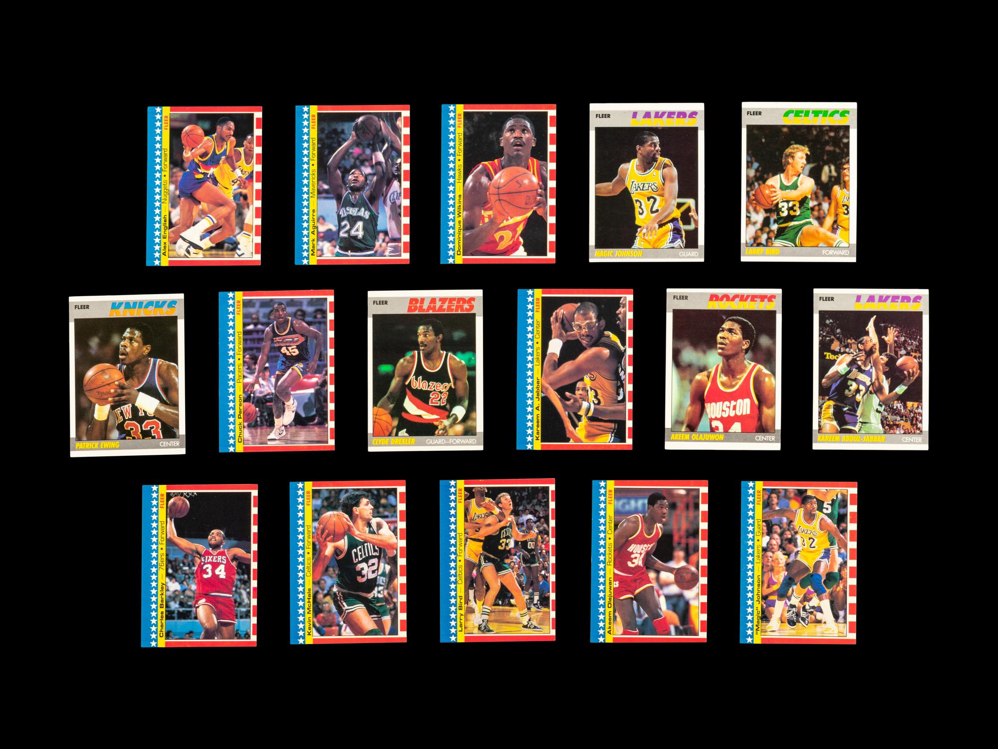 A Group of 16 1987 Fleer Basketball Cards and Stickers Including Multiple Hall of Famers,