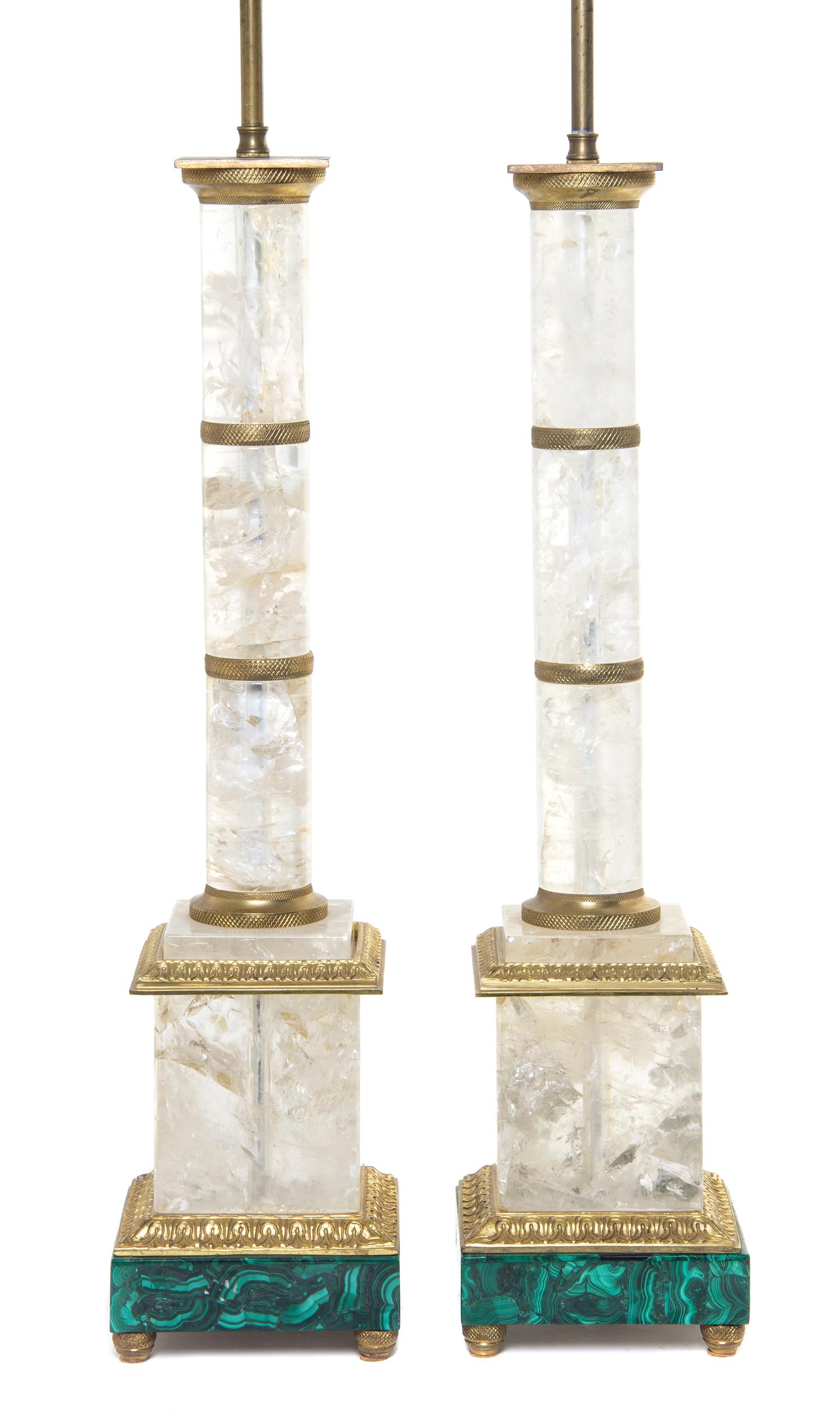 A Pair of Empire Style Rock Crystal and Malachite Lamps, Height overall 40 1/2 inches.