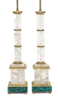 A Pair of Empire Style Rock Crystal and Malachite Lamps, Height overall 40 1/2 inches.