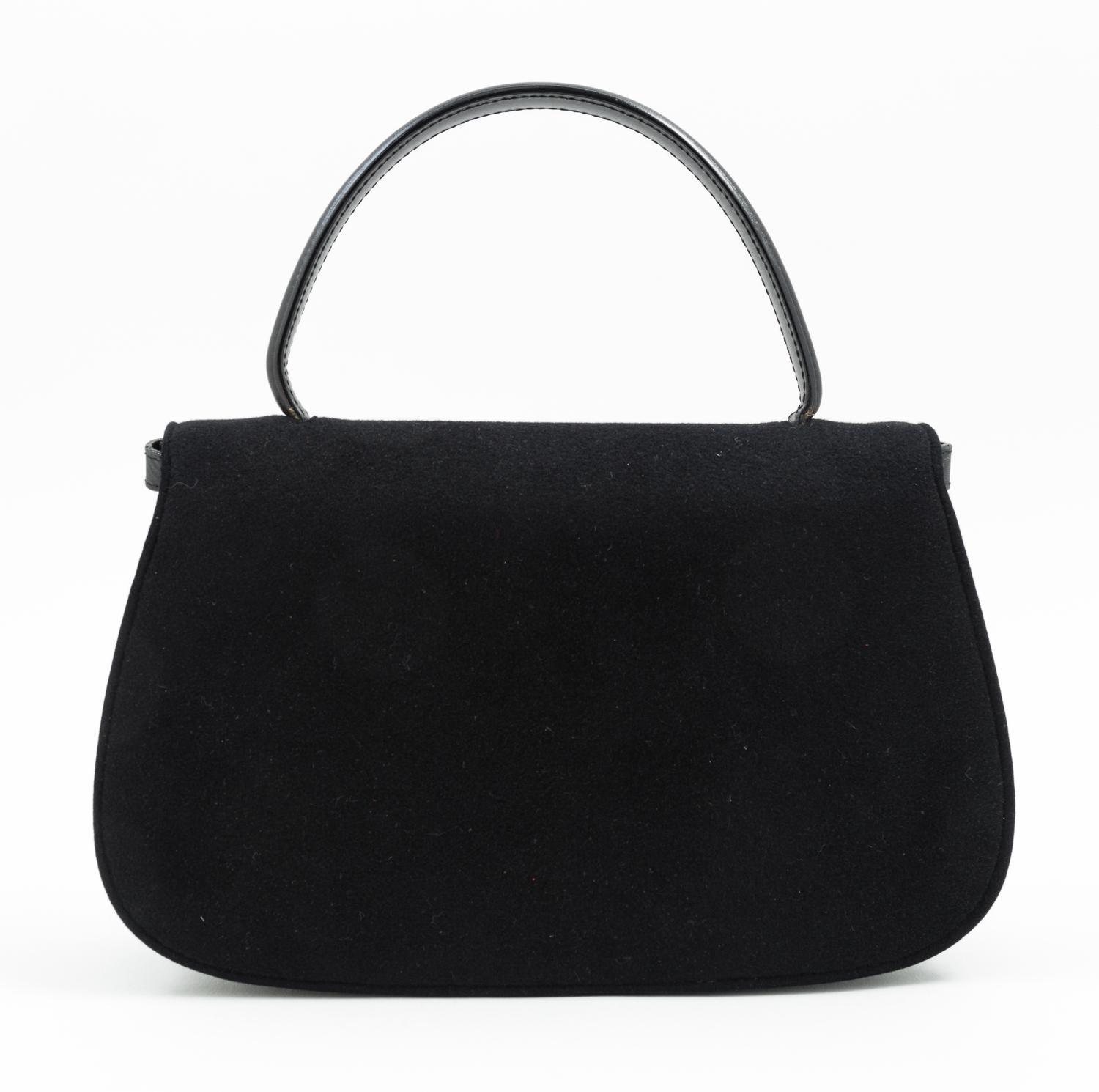 A Gucci Black Suede Flap Handbag, 11" x 7" x 2.5"; Handle drop: 4.5".