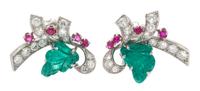 A Pair of Platinum, Emerald, Ruby and Diamond Earclips, 6.50 dwts.