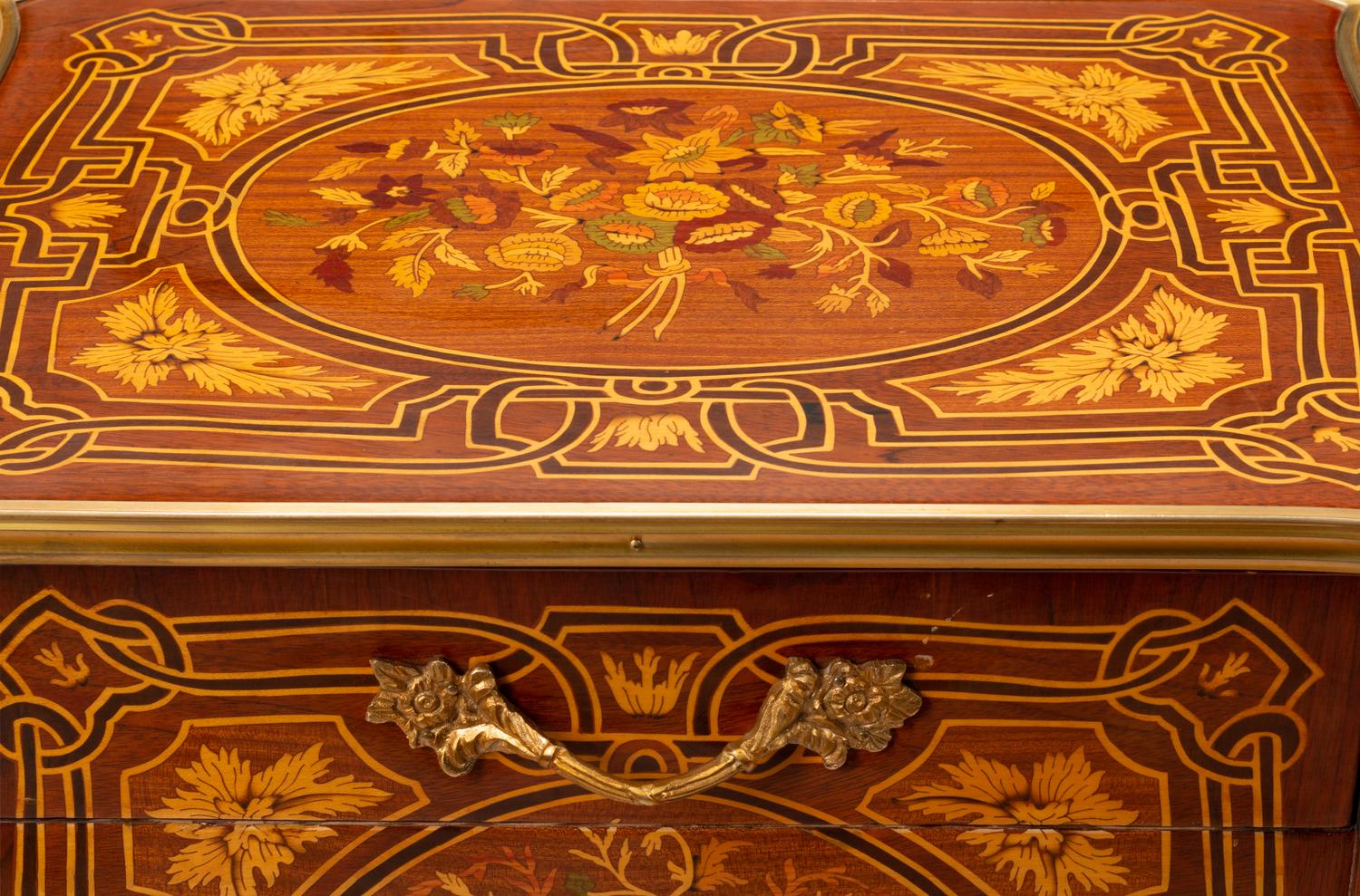 A Pair of Louis XV Style Gilt Bronze Mounted Marquetry Small Commodes