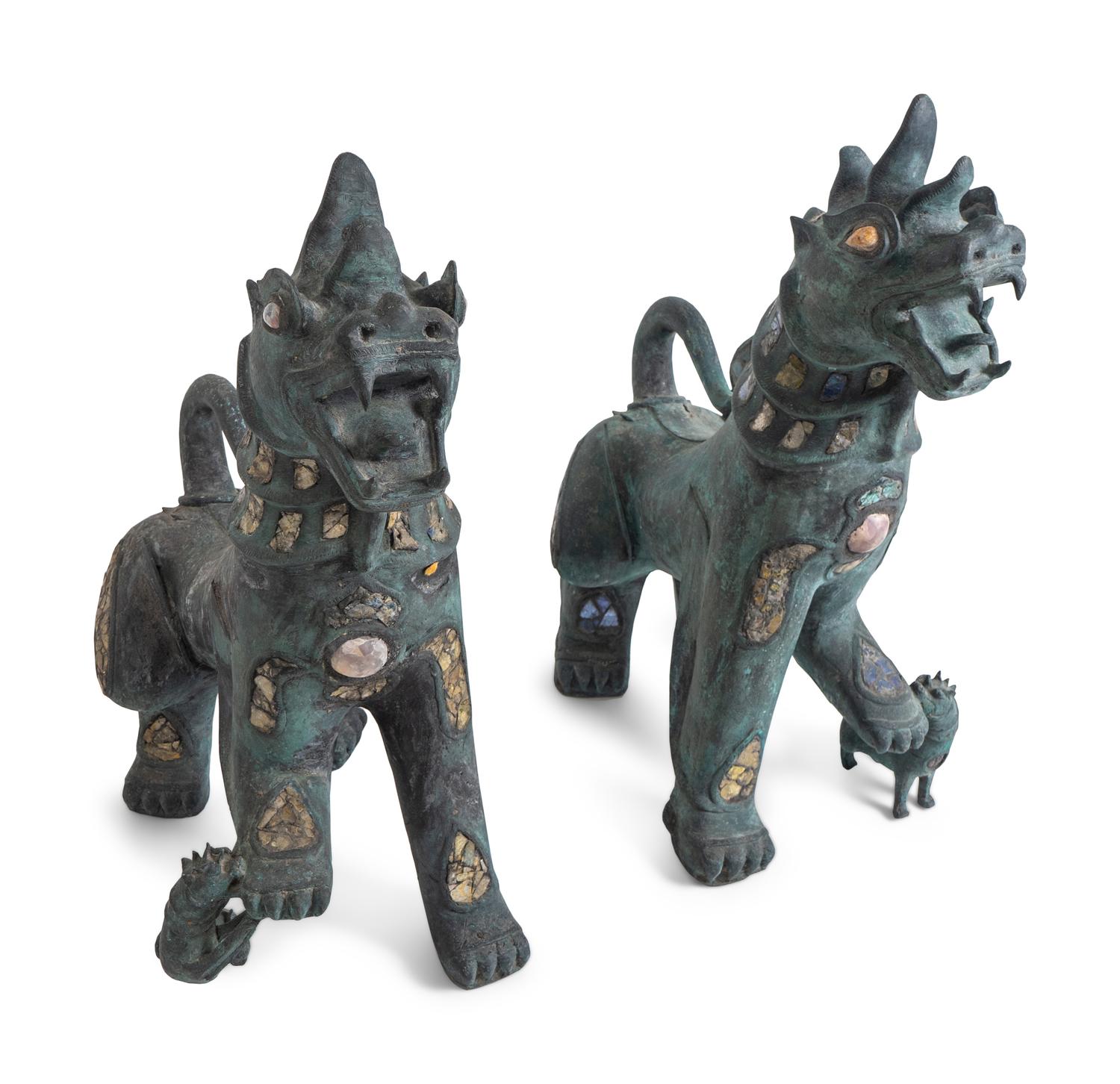 A Pair of Chinese Stone-Inset Bronze Fu-Lions — 20TH CENTURY