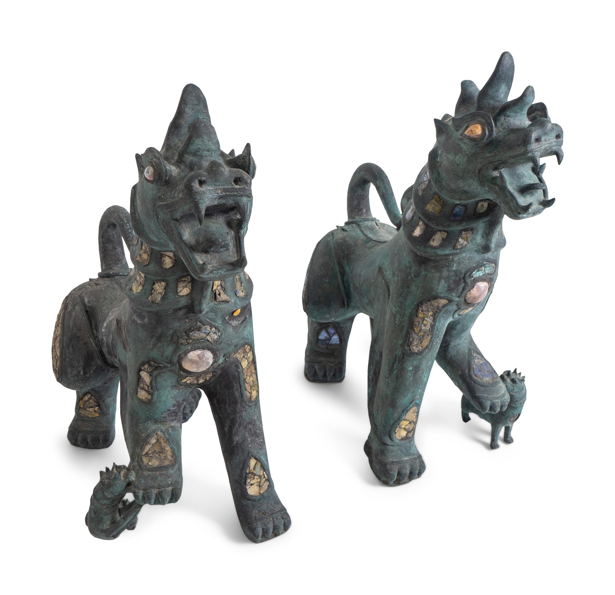 A Pair of Chinese Stone-Inset Bronze Fu-Lions — 20TH CENTURY