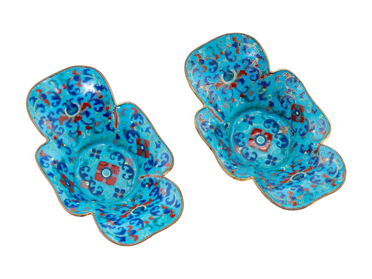 A Pair of Chinese Painted Enamel on Copper Begonia-Shaped Dishes