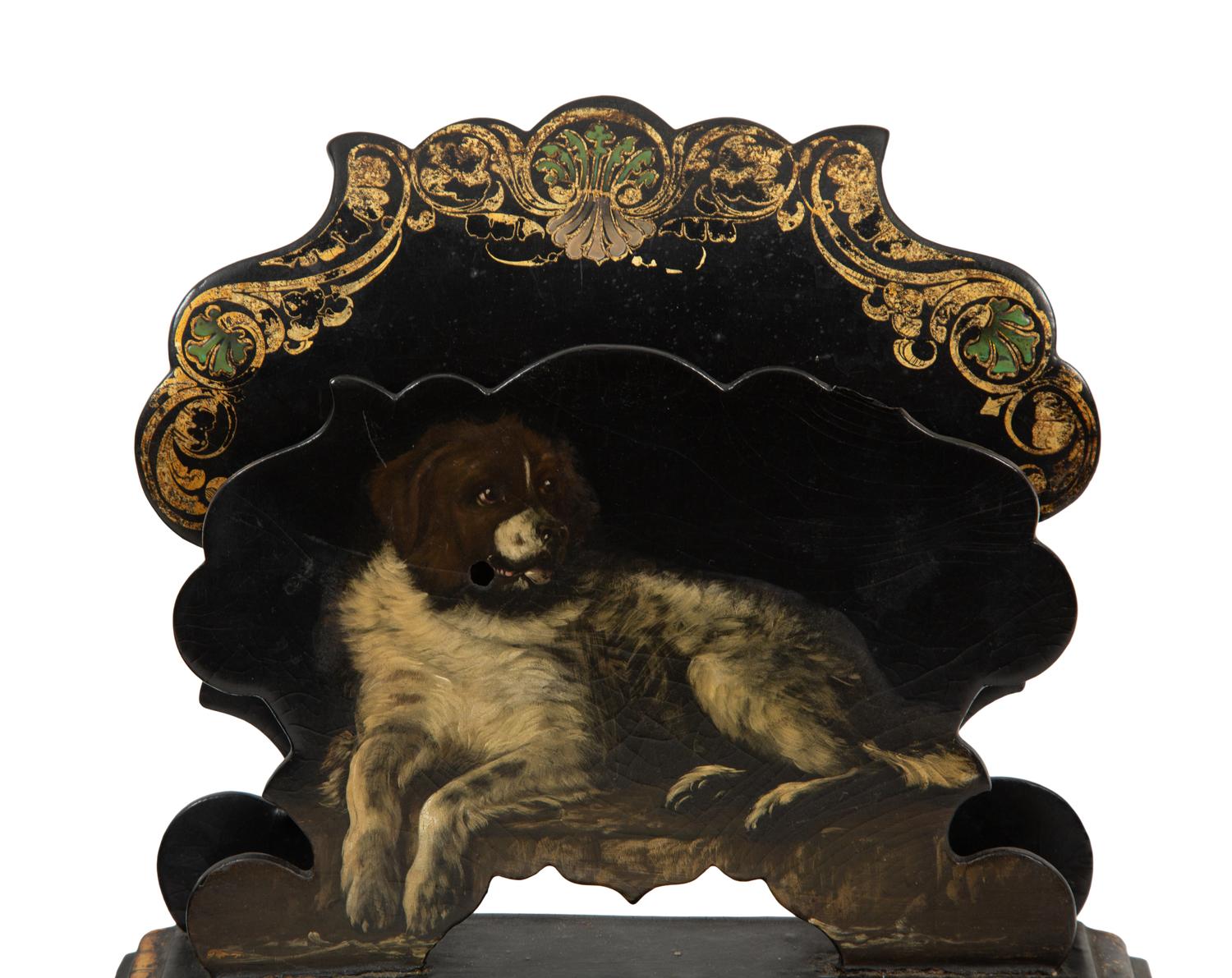 An English Black and Gilt Lacquered Papier Mache Standish and Letter Stand by Jennens and Bettridge