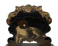 An English Black and Gilt Lacquered Papier Mache Standish and Letter Stand by Jennens and Bettridge