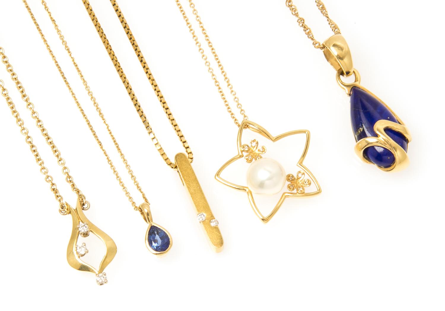 A Collection of 18 Karat Yellow Gold, Cultured Pearl, Diamond and Gemstone Pendant Necklaces, 15.70 dwts.