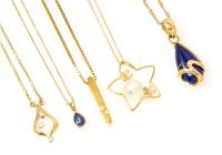 A Collection of 18 Karat Yellow Gold, Cultured Pearl, Diamond and Gemstone Pendant Necklaces, 15.70 dwts.