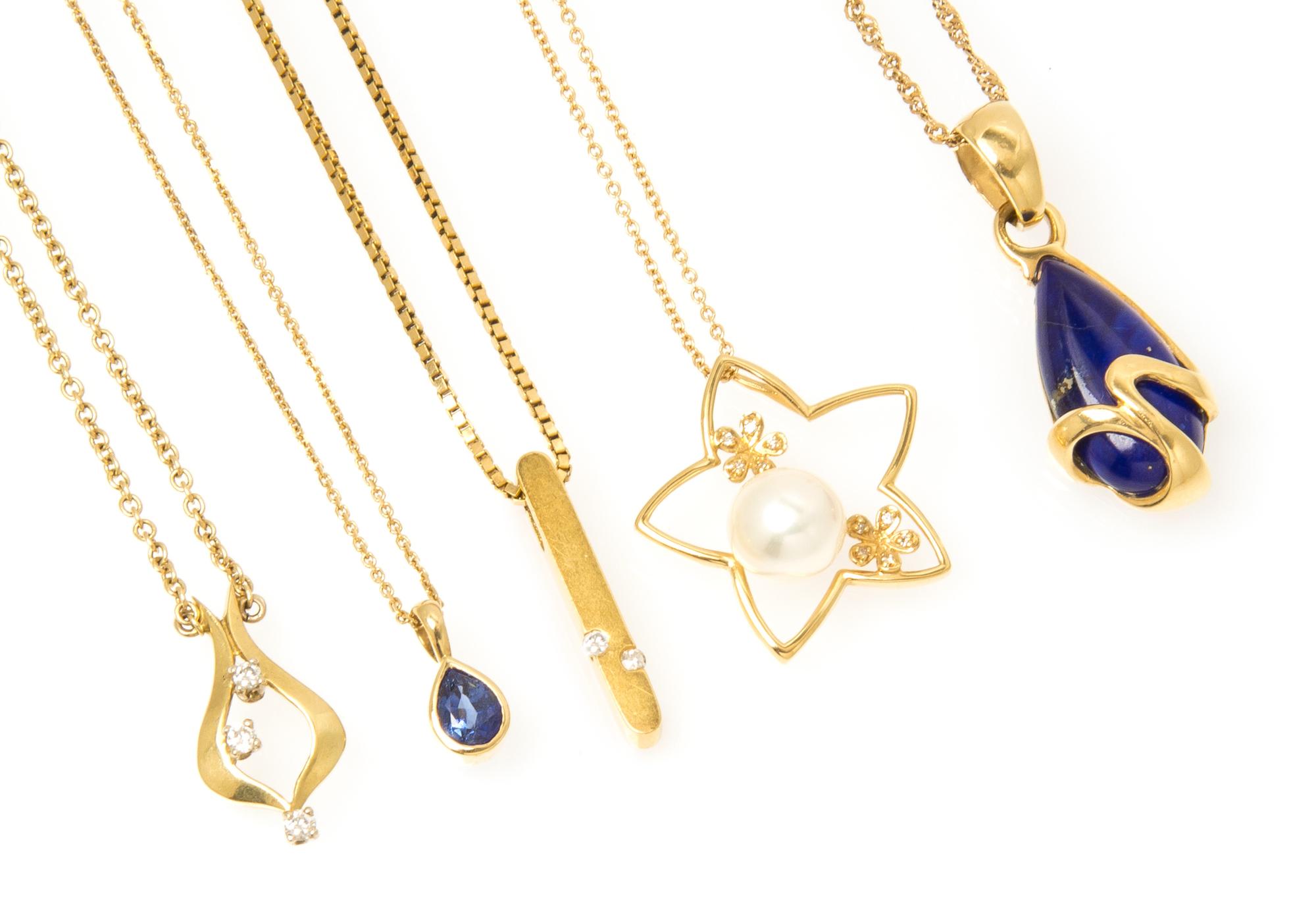 A Collection of 18 Karat Yellow Gold, Cultured Pearl, Diamond and Gemstone Pendant Necklaces, 15.70 dwts.