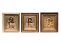 A Group of Three Russian Enameled Oklad Icons