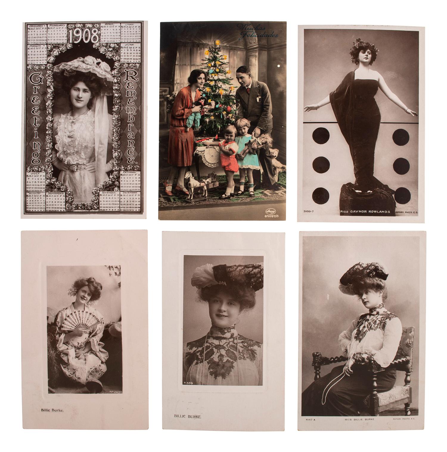 [EARLY PHOTOGRAPHY]. A group of 59 real photo postcards, featuring artfully posed images of women, famous subjects, and genre scenes celebrating romance and the holiday season.