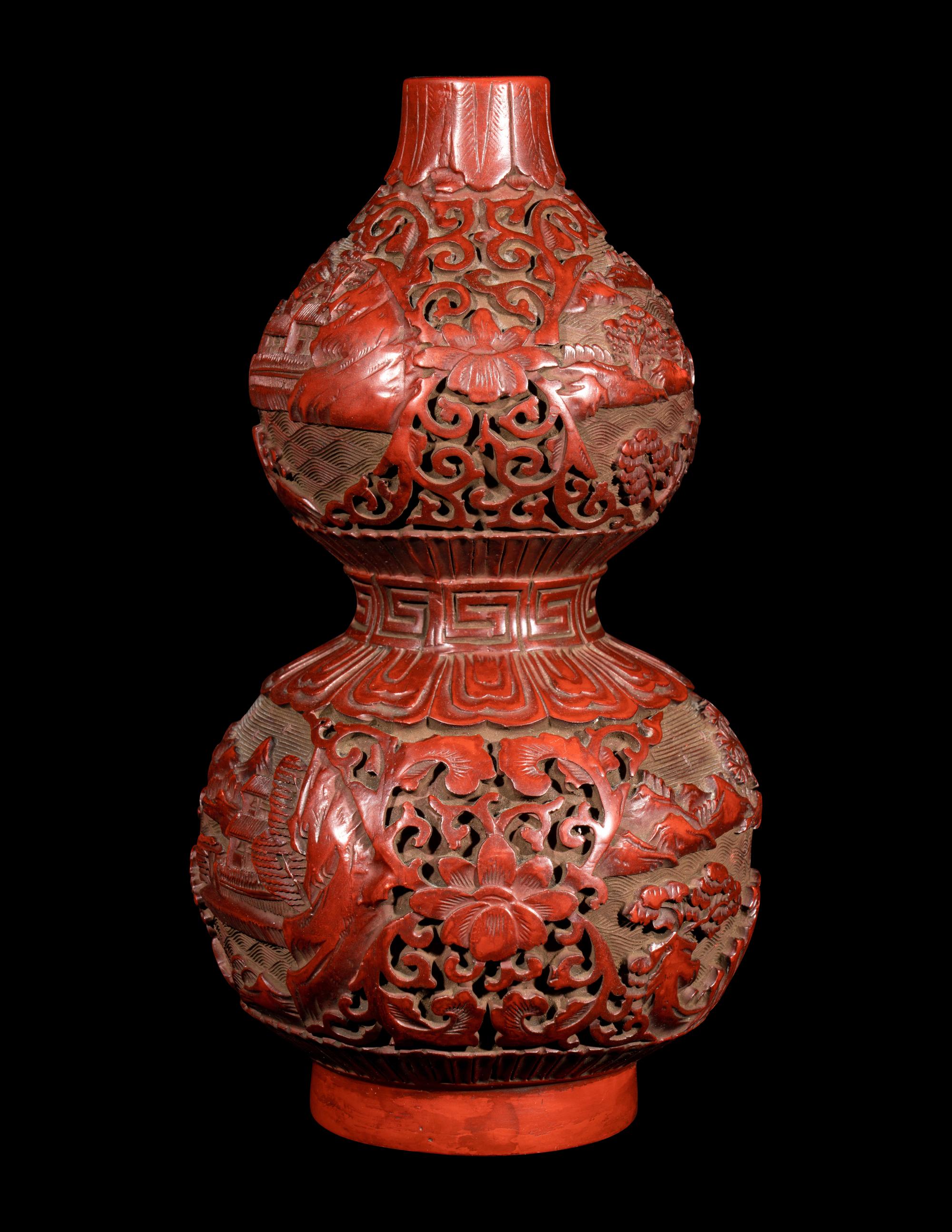 A Chinese Cinnabar Lacquer Gourd-form 'Landscapes' Vase