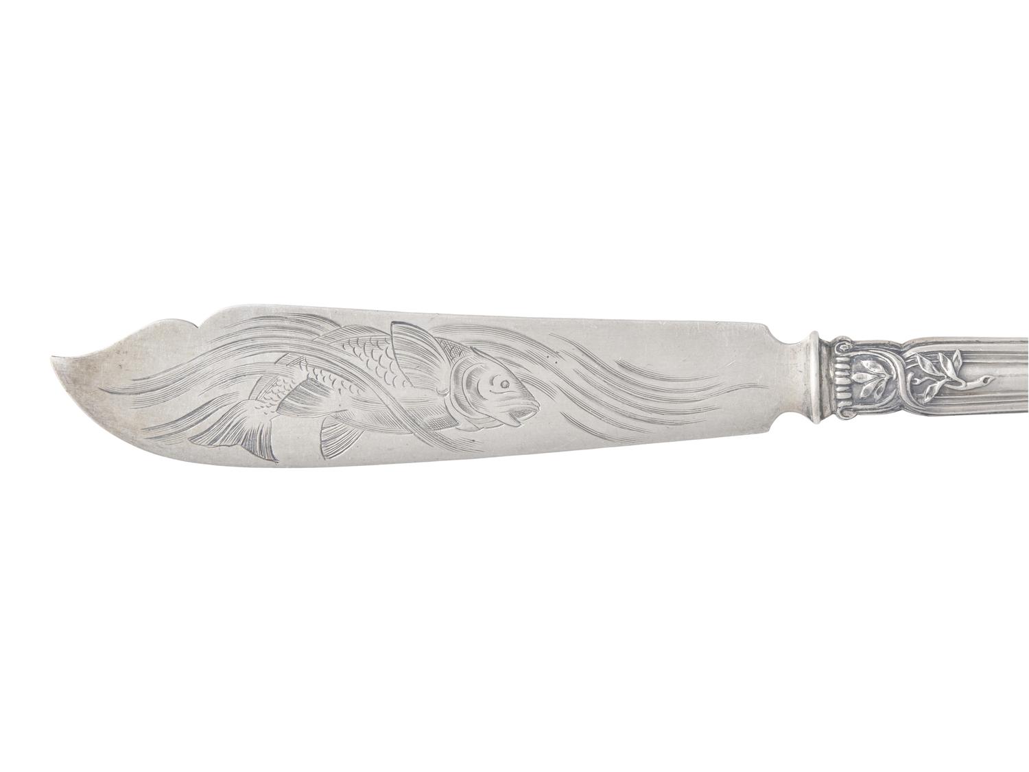 A Set of Six Russian Silver Fish Knives and a Single Russian Silver Knife